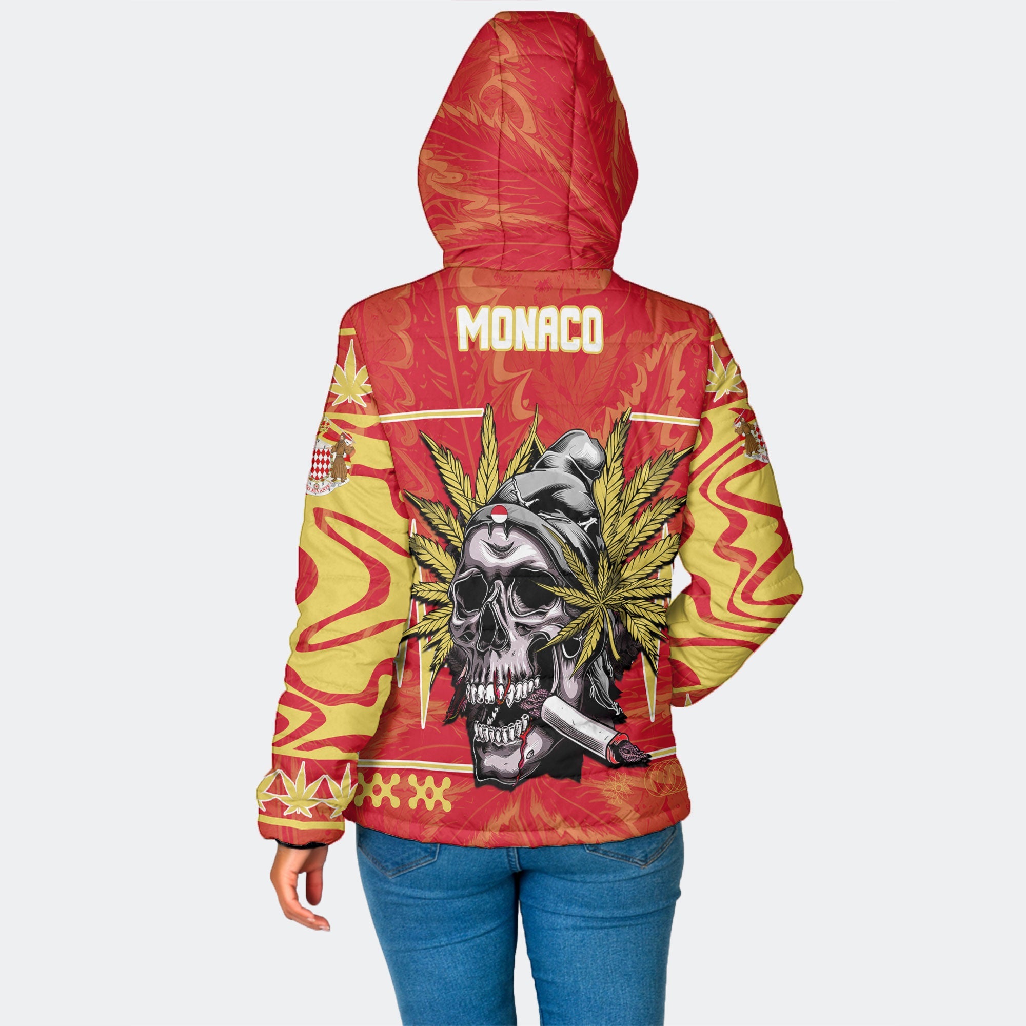 Monaco Women Hooded Padded Jacket Flag & Coat Of Arms Marijuanas Style