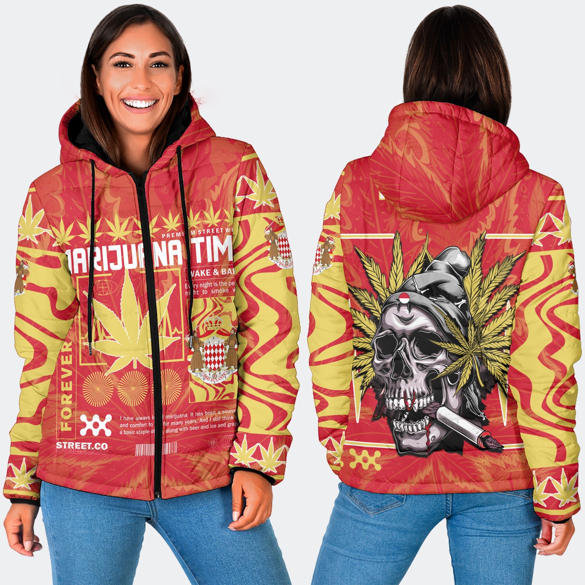 Monaco Women Hooded Padded Jacket Flag & Coat Of Arms Marijuanas Style