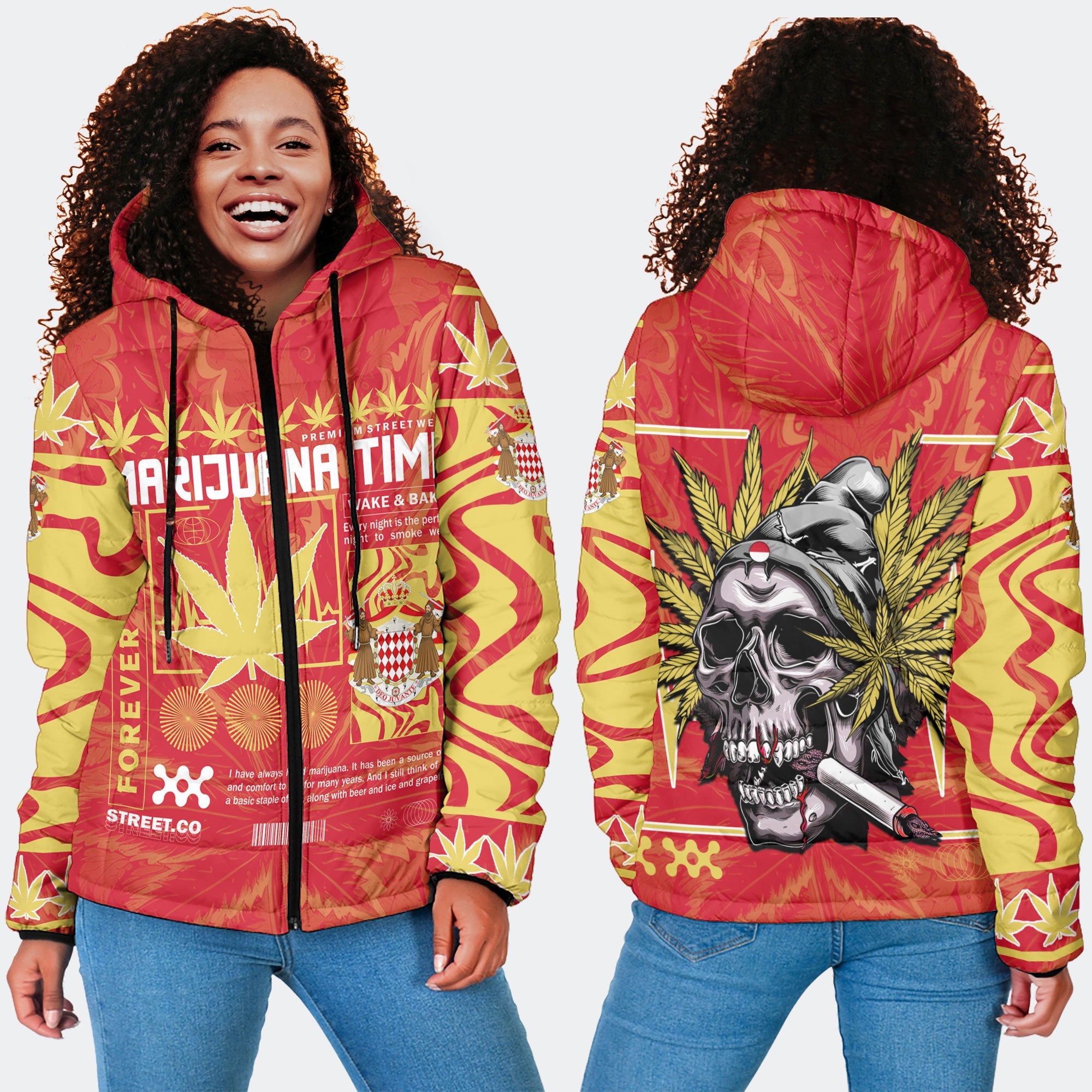 Monaco Women Hooded Padded Jacket Flag & Coat Of Arms Marijuanas Style