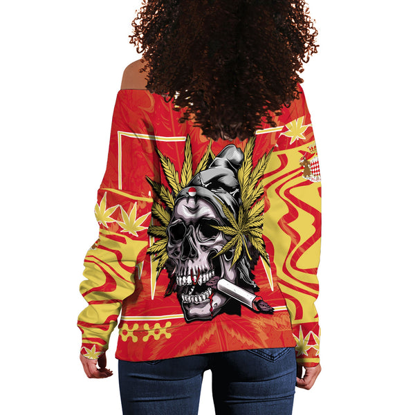 Monaco Women Off Shoulder Sweatshirt Flag & Coat Of Arms Marijuanas Style