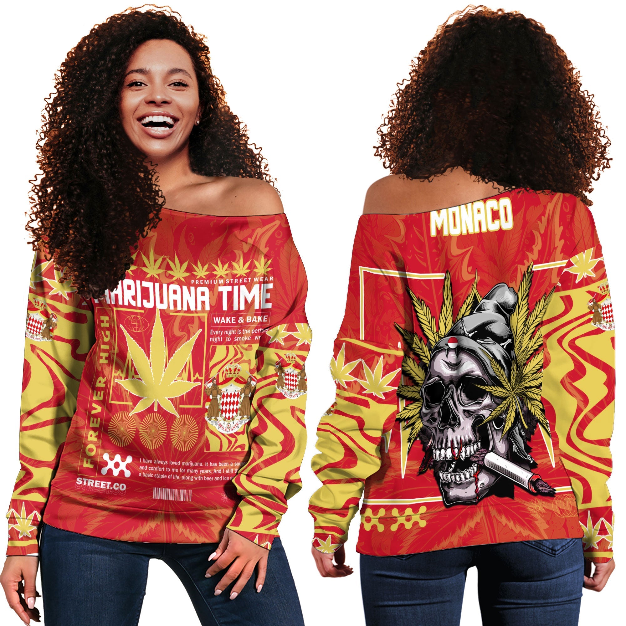 Monaco Women Off Shoulder Sweatshirt Flag & Coat Of Arms Marijuanas Style