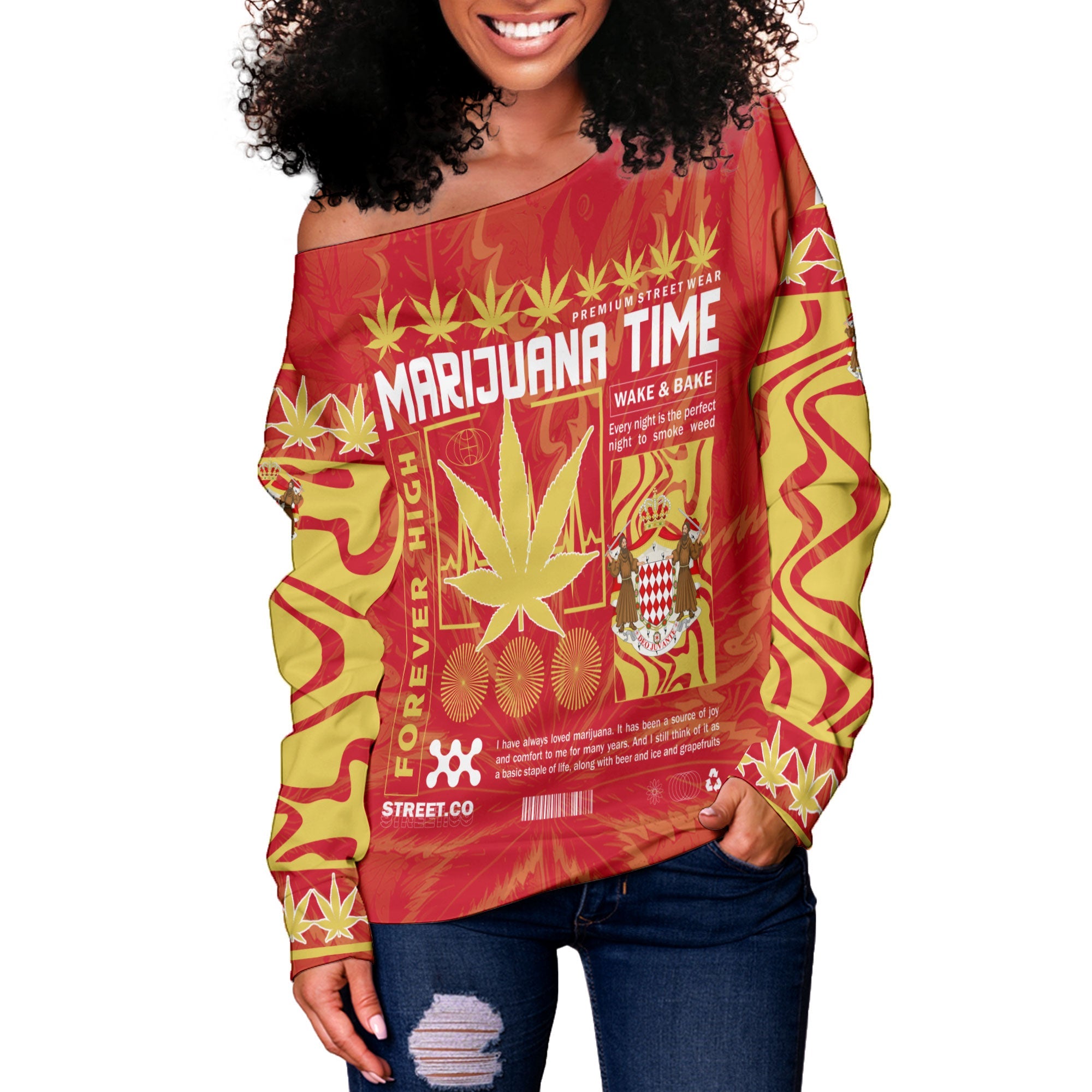 Monaco Women Off Shoulder Sweatshirt Flag & Coat Of Arms Marijuanas Style