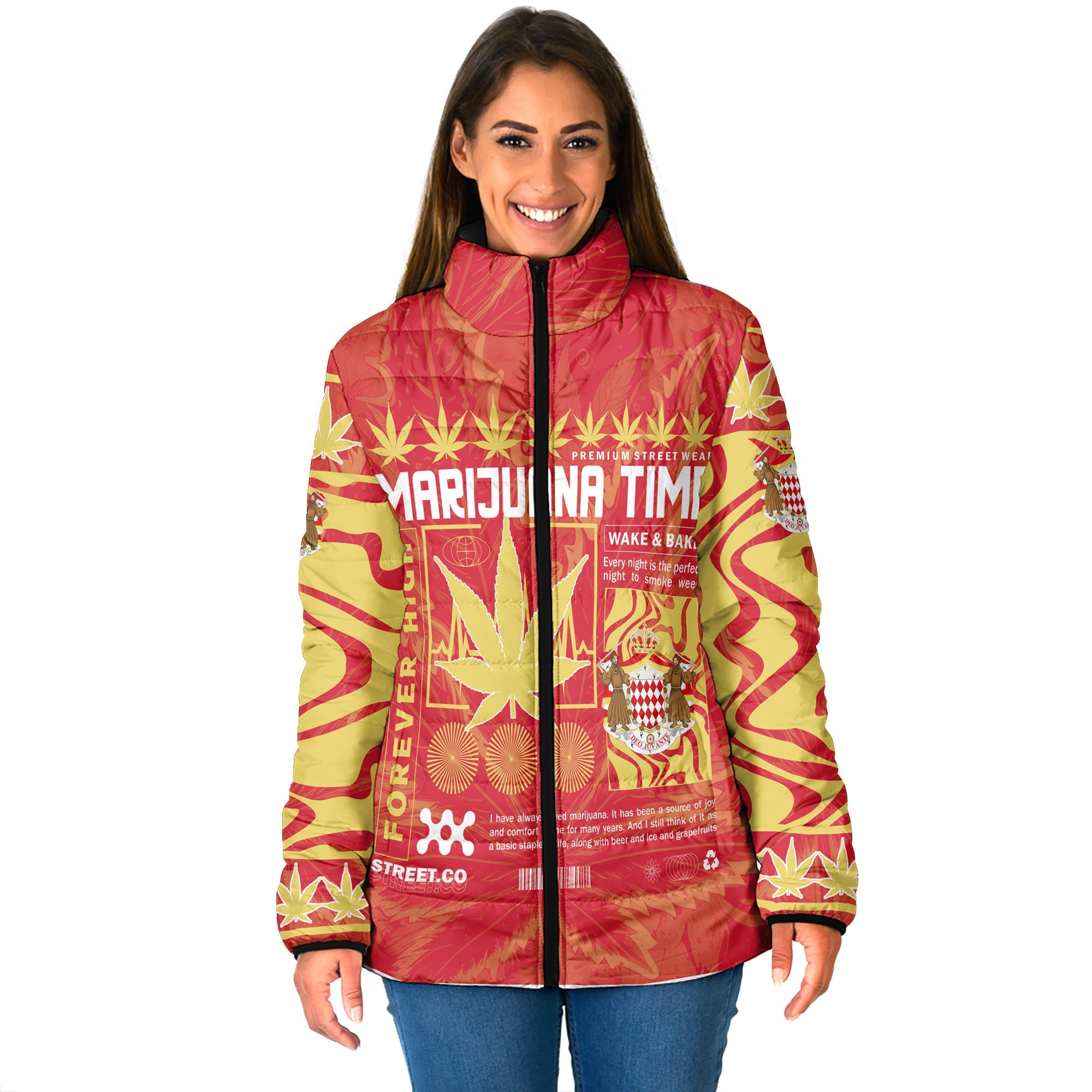 Monaco Women Padded Jacket Flag & Coat Of Arms Marijuanas Style