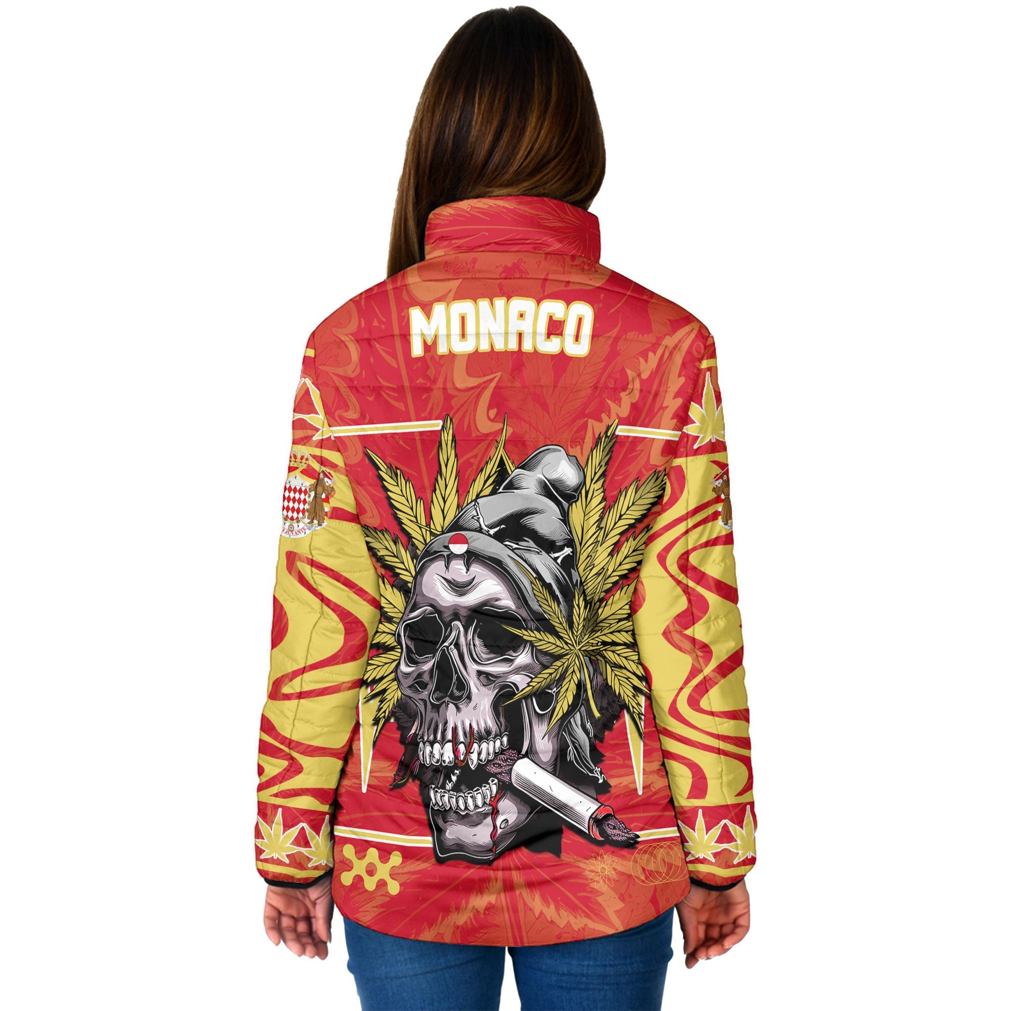 Monaco Women Padded Jacket Flag & Coat Of Arms Marijuanas Style