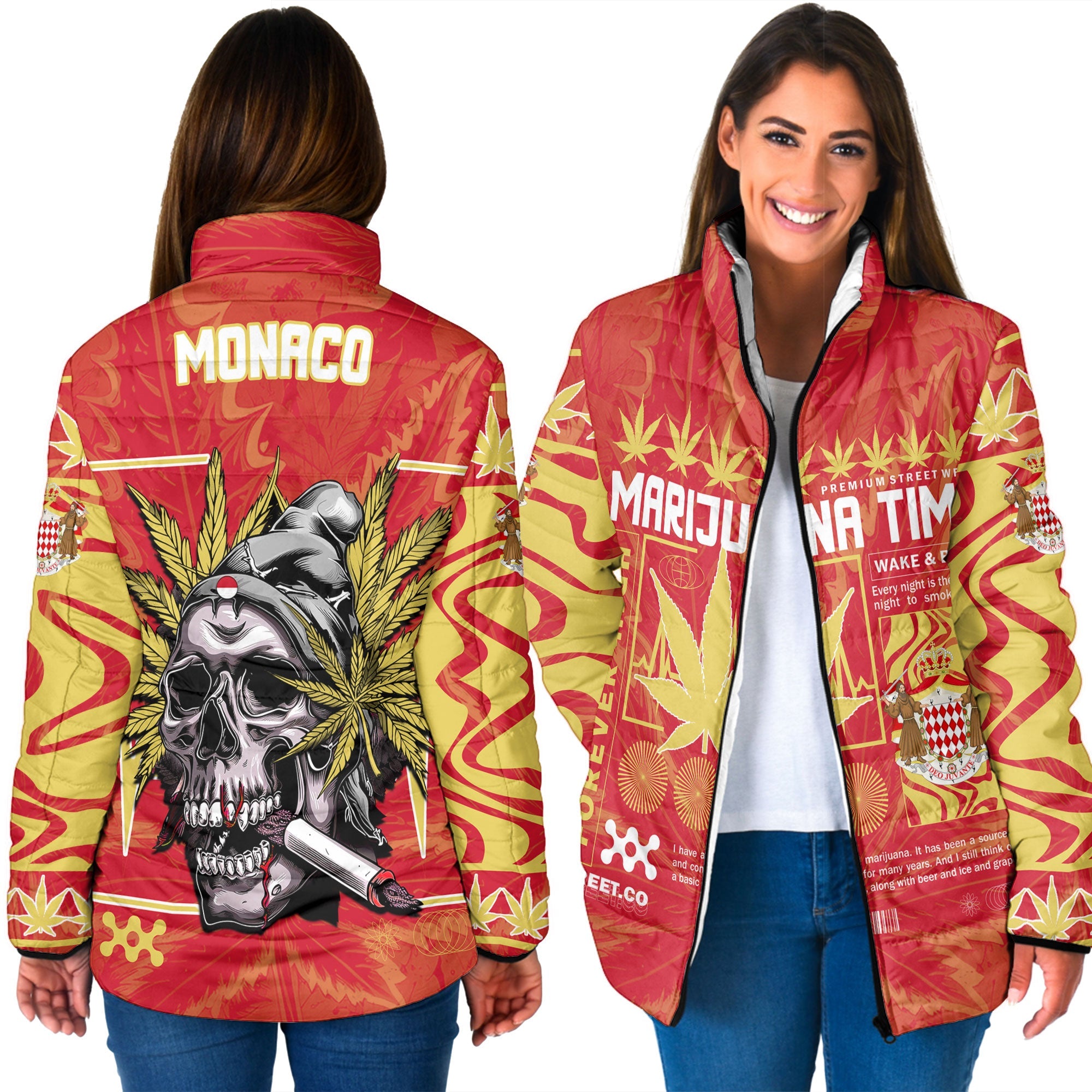 Monaco Women Padded Jacket Flag & Coat Of Arms Marijuanas Style