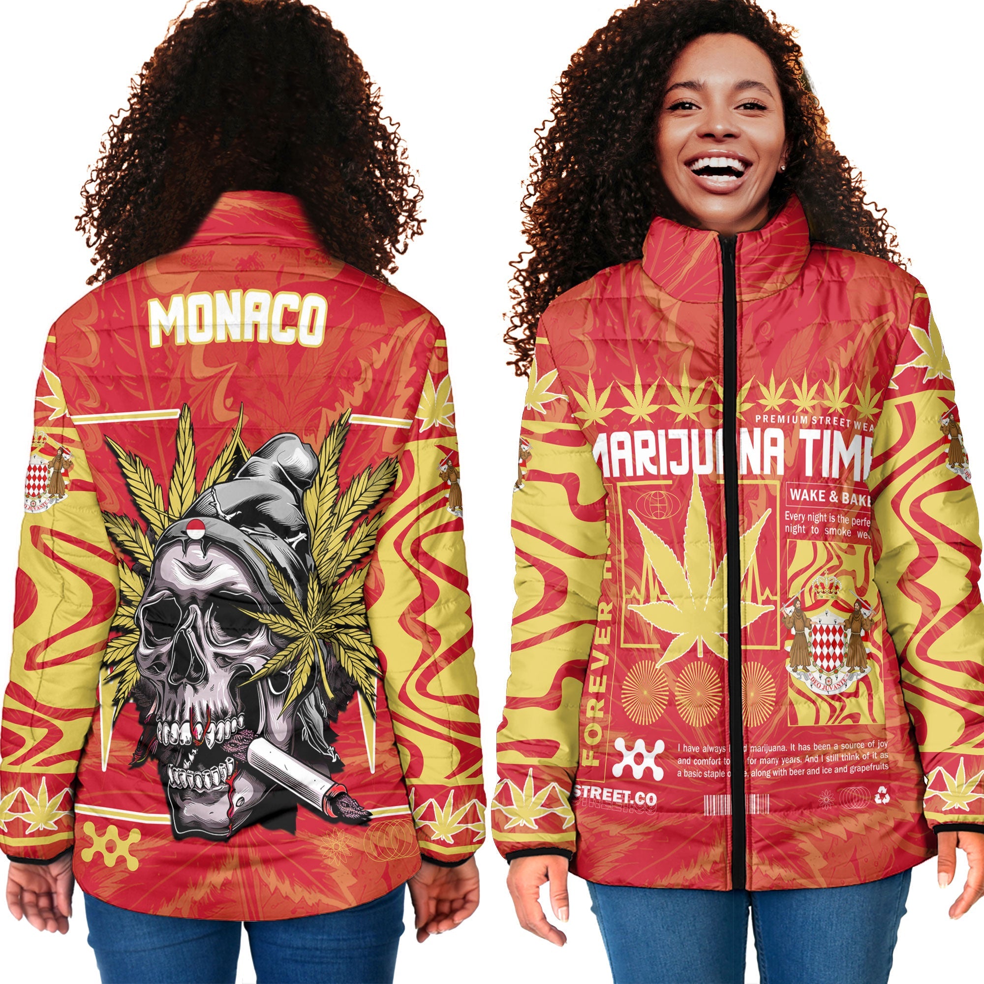 Monaco Women Padded Jacket Flag & Coat Of Arms Marijuanas Style