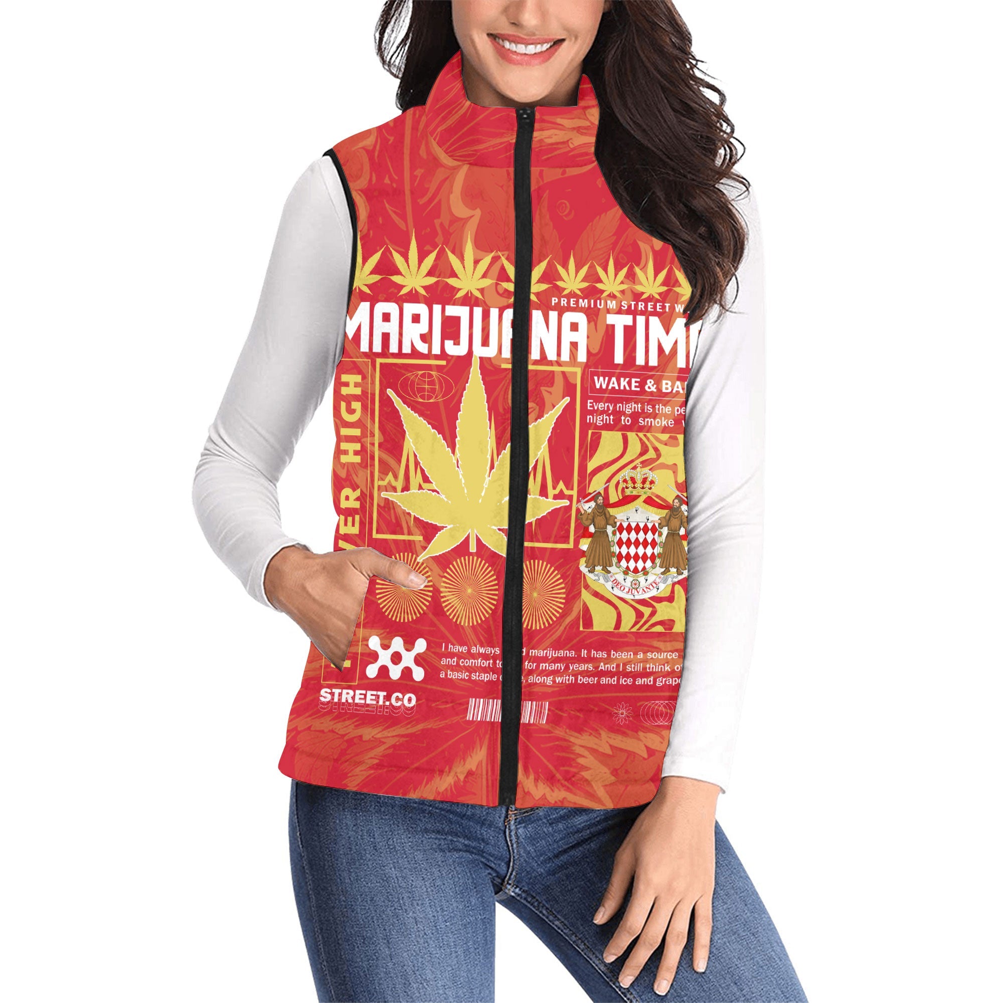 Monaco Women Padded Jacket Vest Flag & Coat Of Arms Marijuanas Style