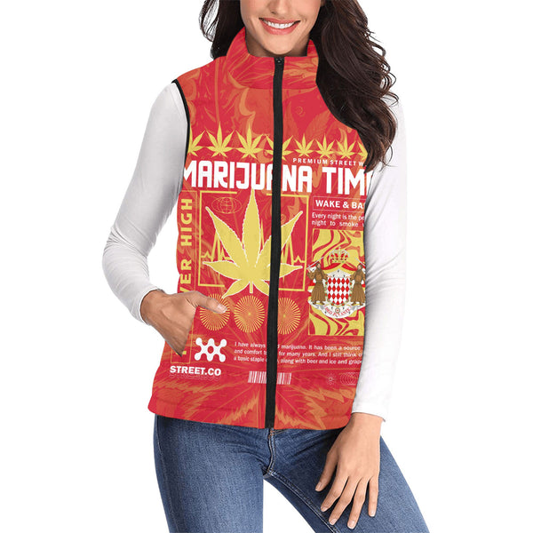 Monaco Women Padded Jacket Vest Flag & Coat Of Arms Marijuanas Style