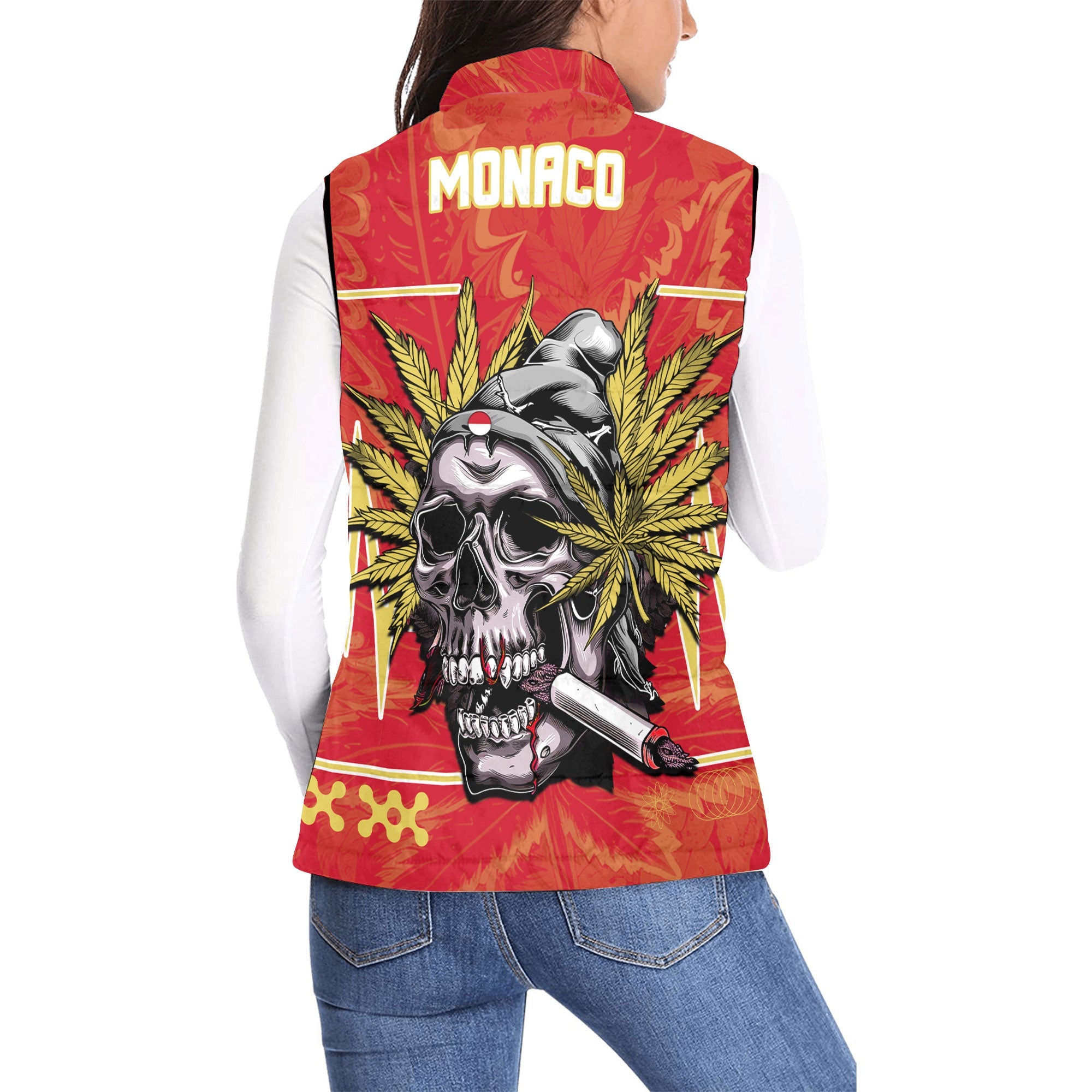 Monaco Women Padded Jacket Vest Flag & Coat Of Arms Marijuanas Style