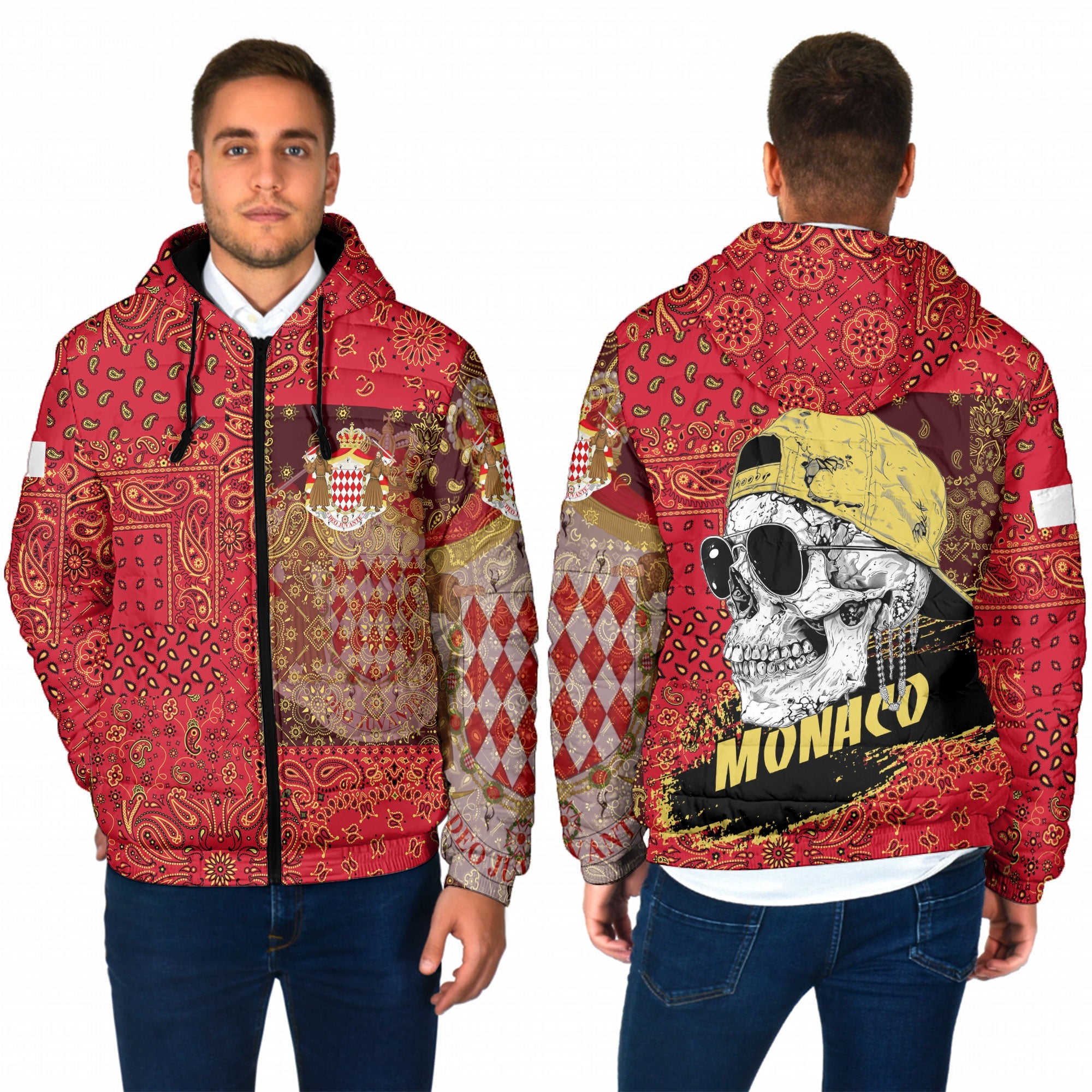 Monaco Men Hooded Padded Jacket Paisley Flag And Skull Style 1