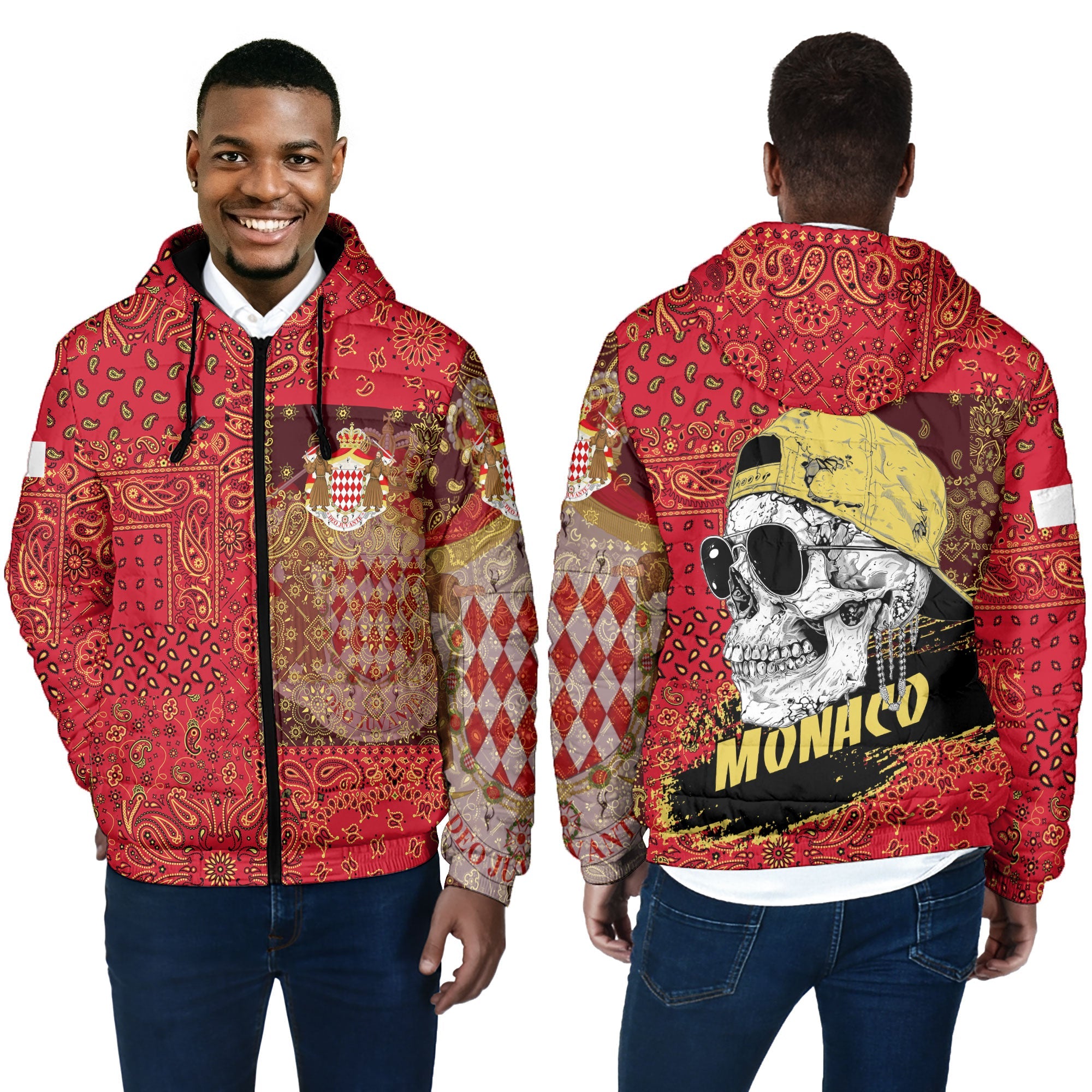 Monaco Men Hooded Padded Jacket Paisley Flag And Skull Style 5