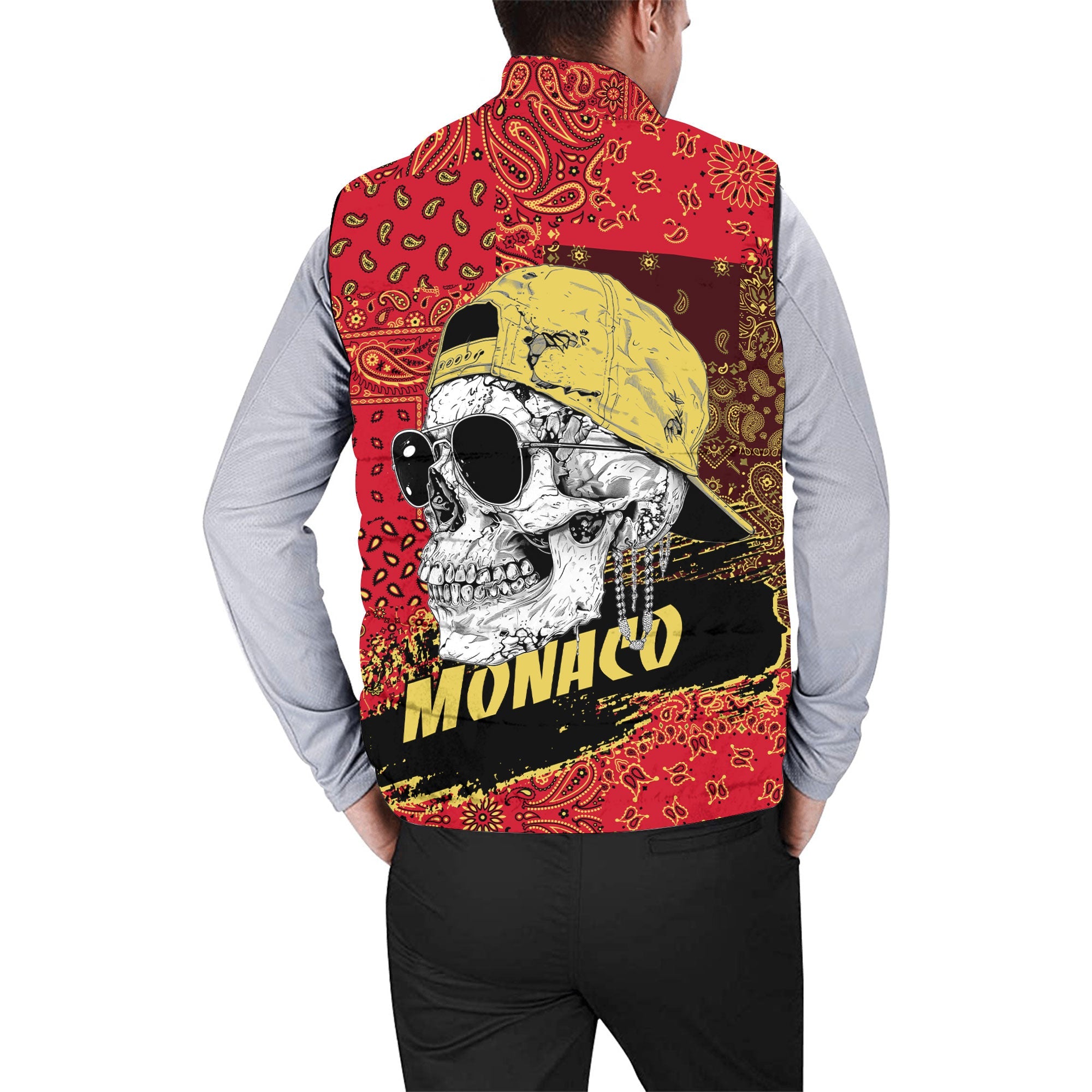 Monaco Men Padded Jacket Vest Paisley Flag And Skull Style 2