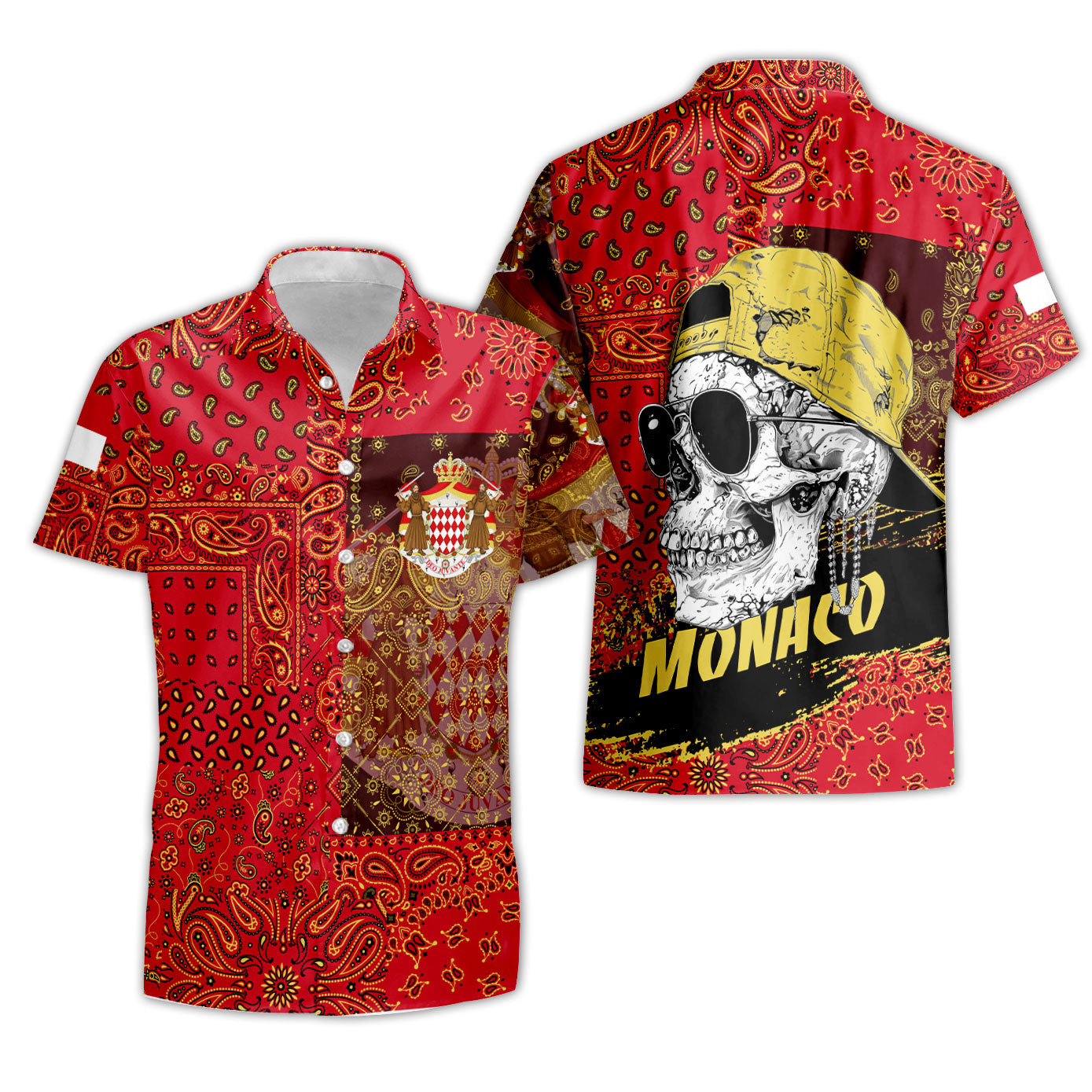 Monaco Short Sleeve Shirt Paisley Flag And Skull Style 4