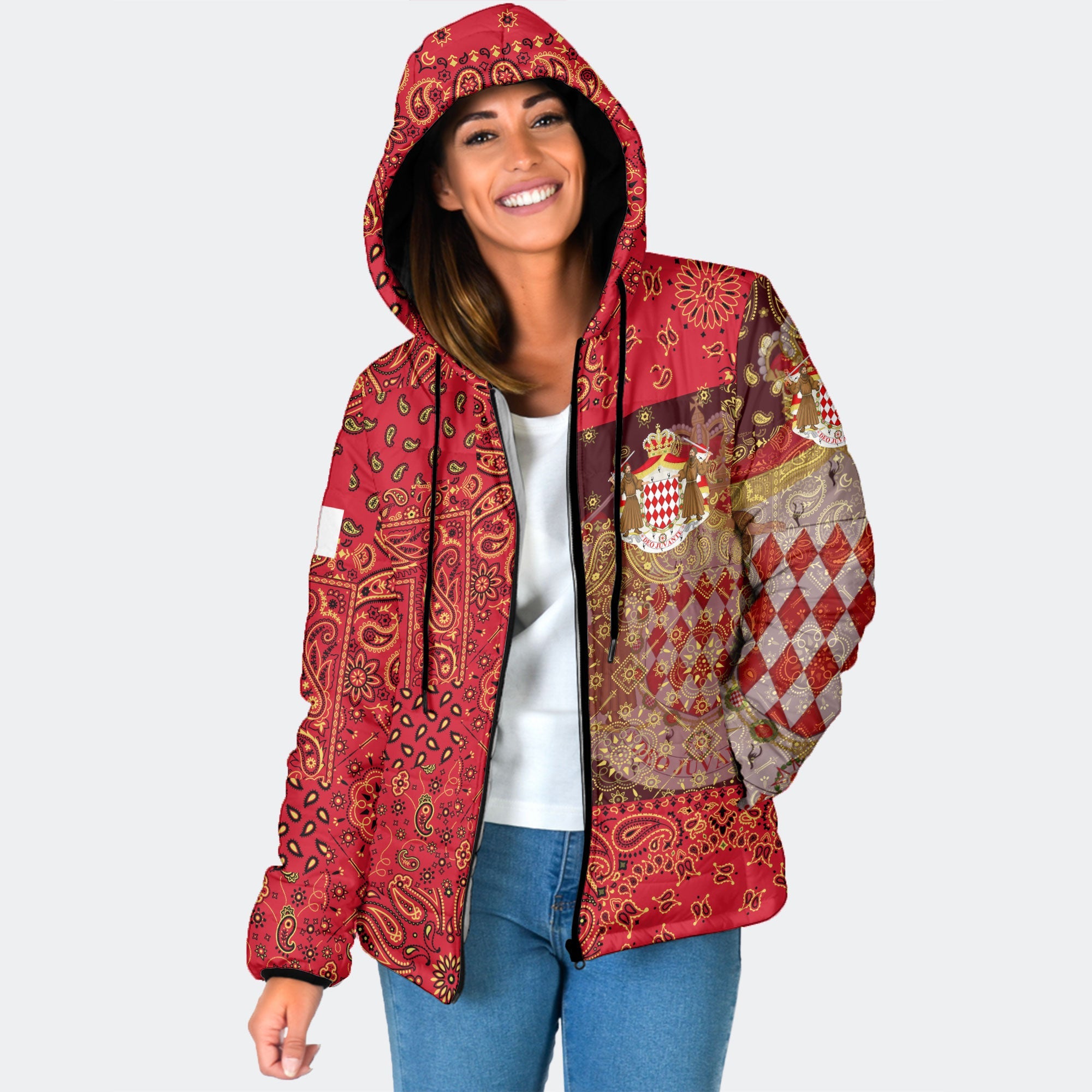 Monaco Women Hooded Padded Jacket Paisley Flag And Skull Style 1