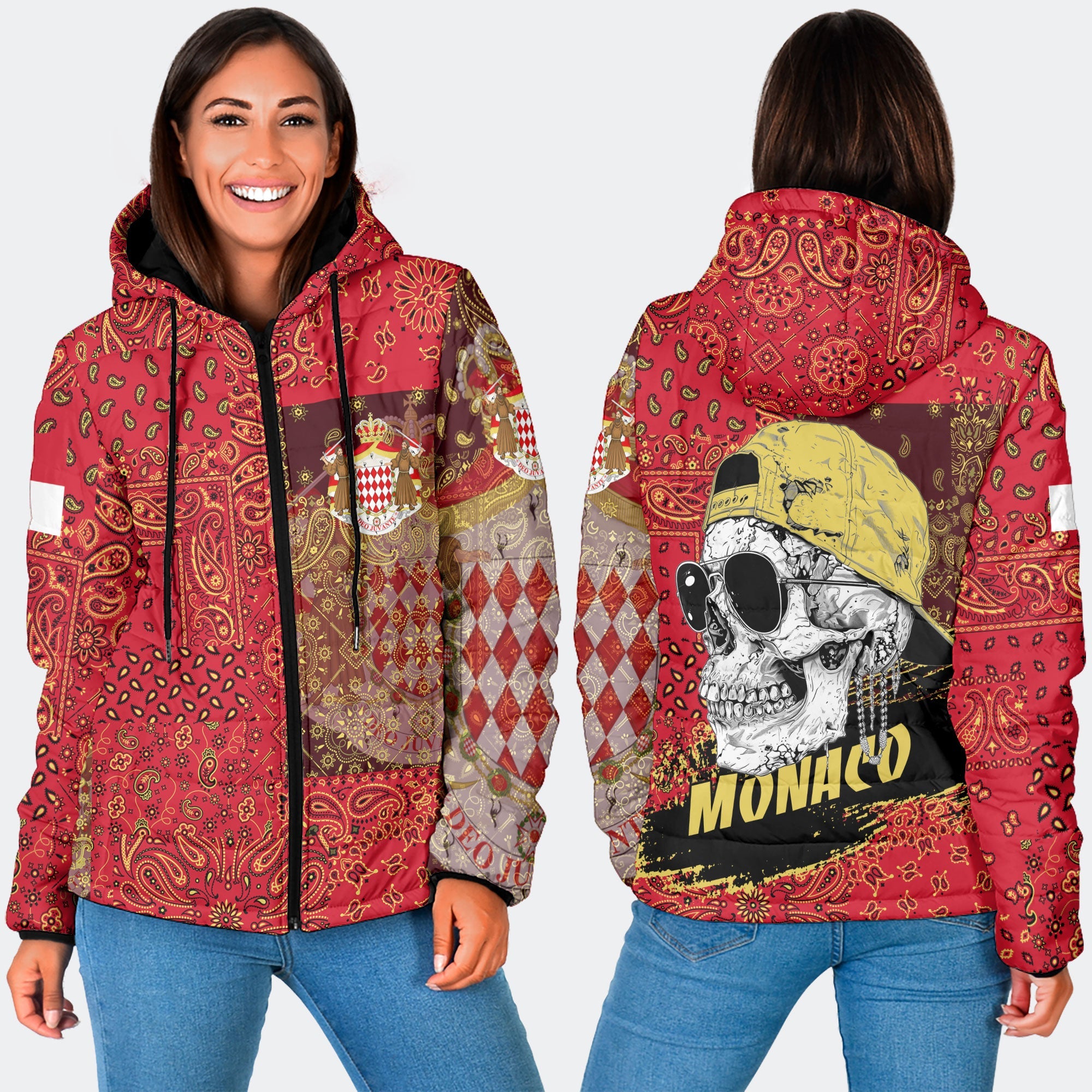 Monaco Women Hooded Padded Jacket Paisley Flag And Skull Style 3