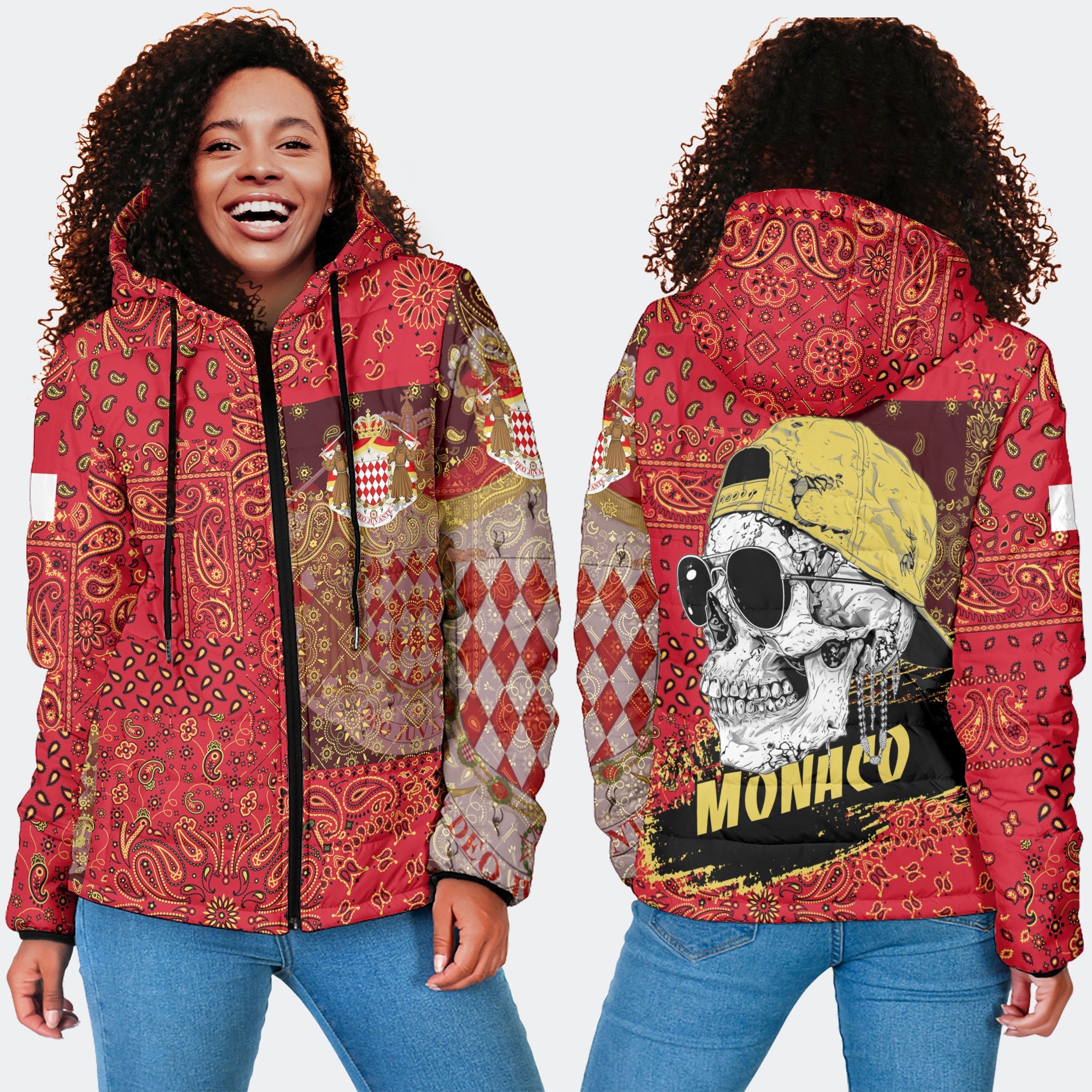 Monaco Women Hooded Padded Jacket Paisley Flag And Skull Style 4