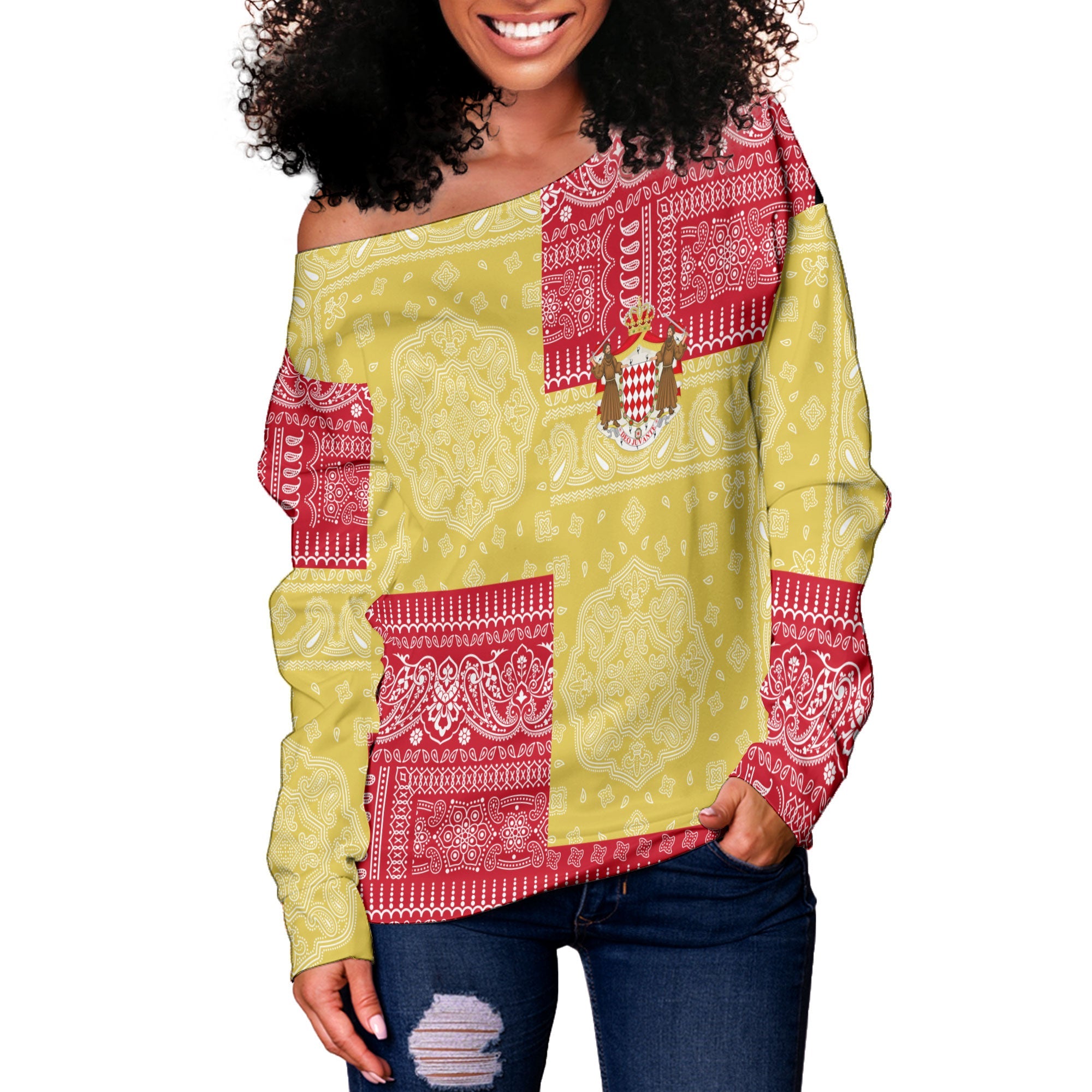 Monaco Women Off Shoulder Sweatshirt Flag And Paisley Basic Style 2