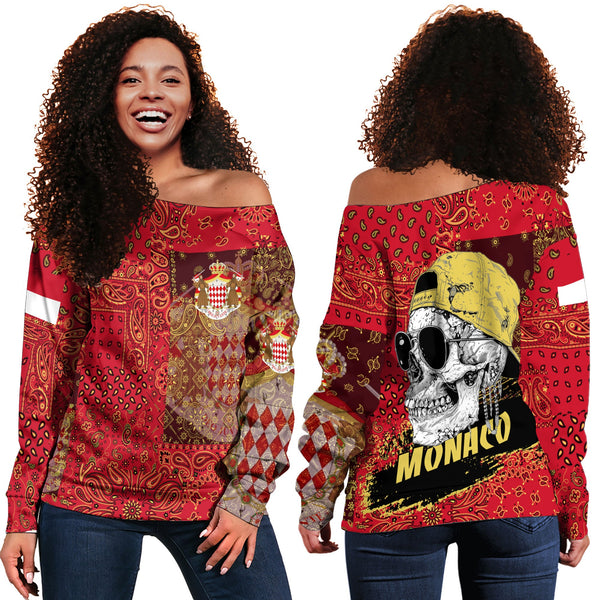 Monaco Women Off Shoulder Sweatshirt Paisley Flag And Skull Style 1