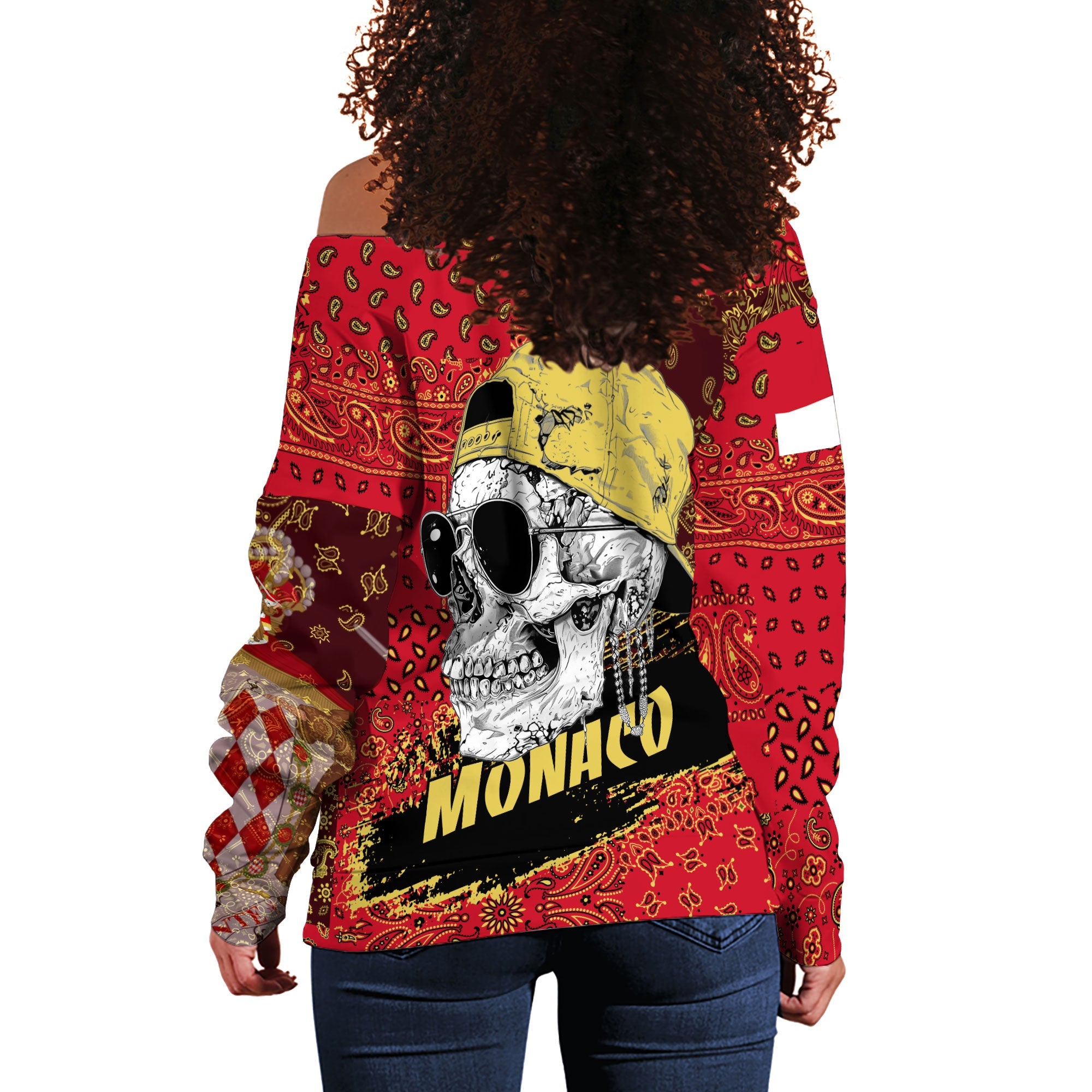 Monaco Women Off Shoulder Sweatshirt Paisley Flag And Skull Style 3