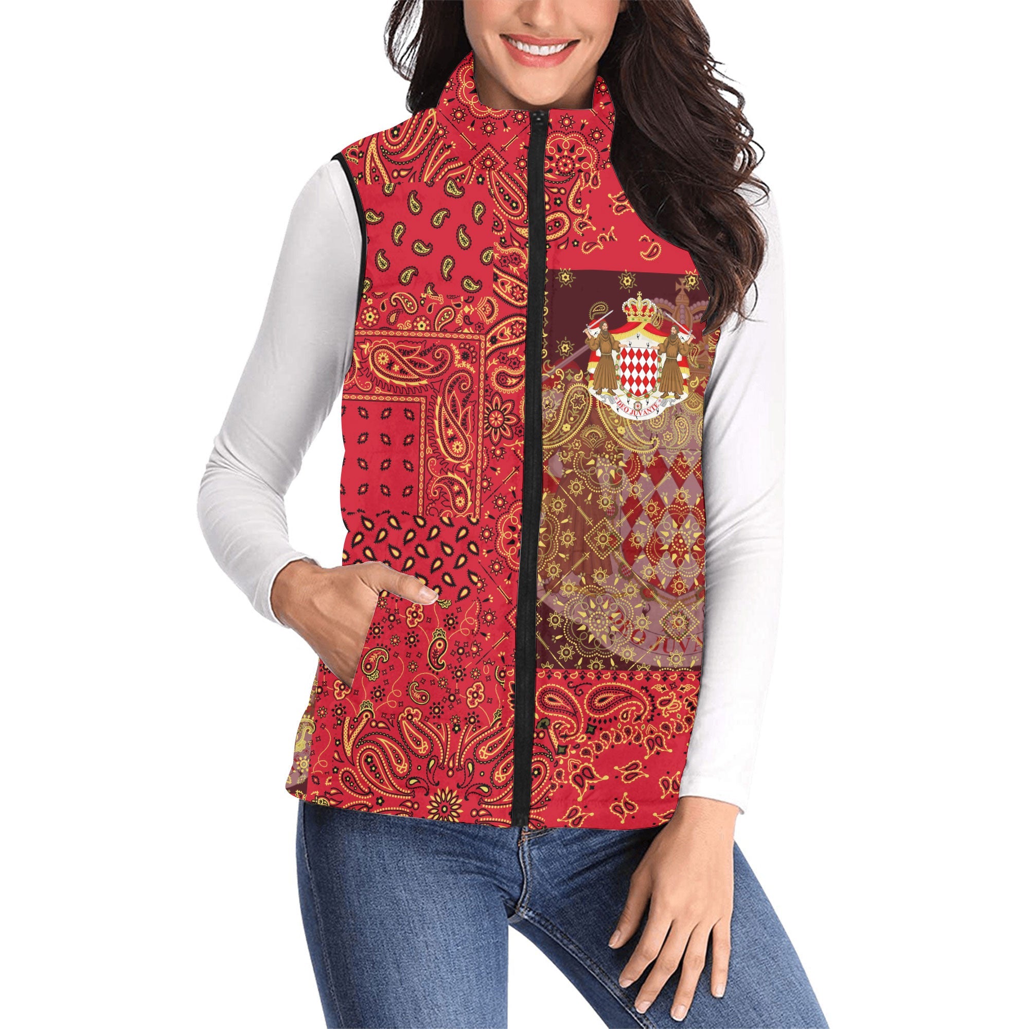 Monaco Women Padded Jacket Vest Paisley Flag And Skull Style 1