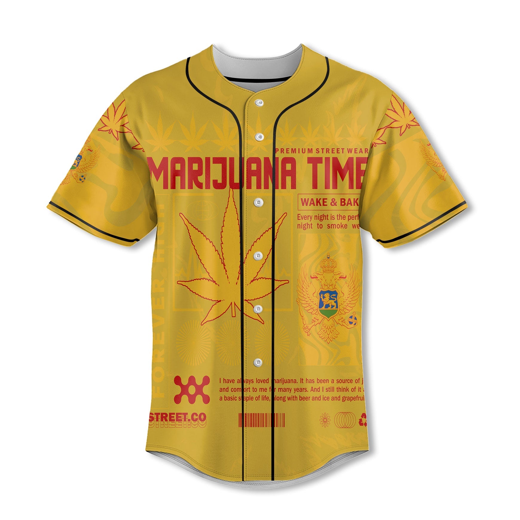 Montenegro Baseball Jersey Flag & Coat Of Arms Marijuanas Style