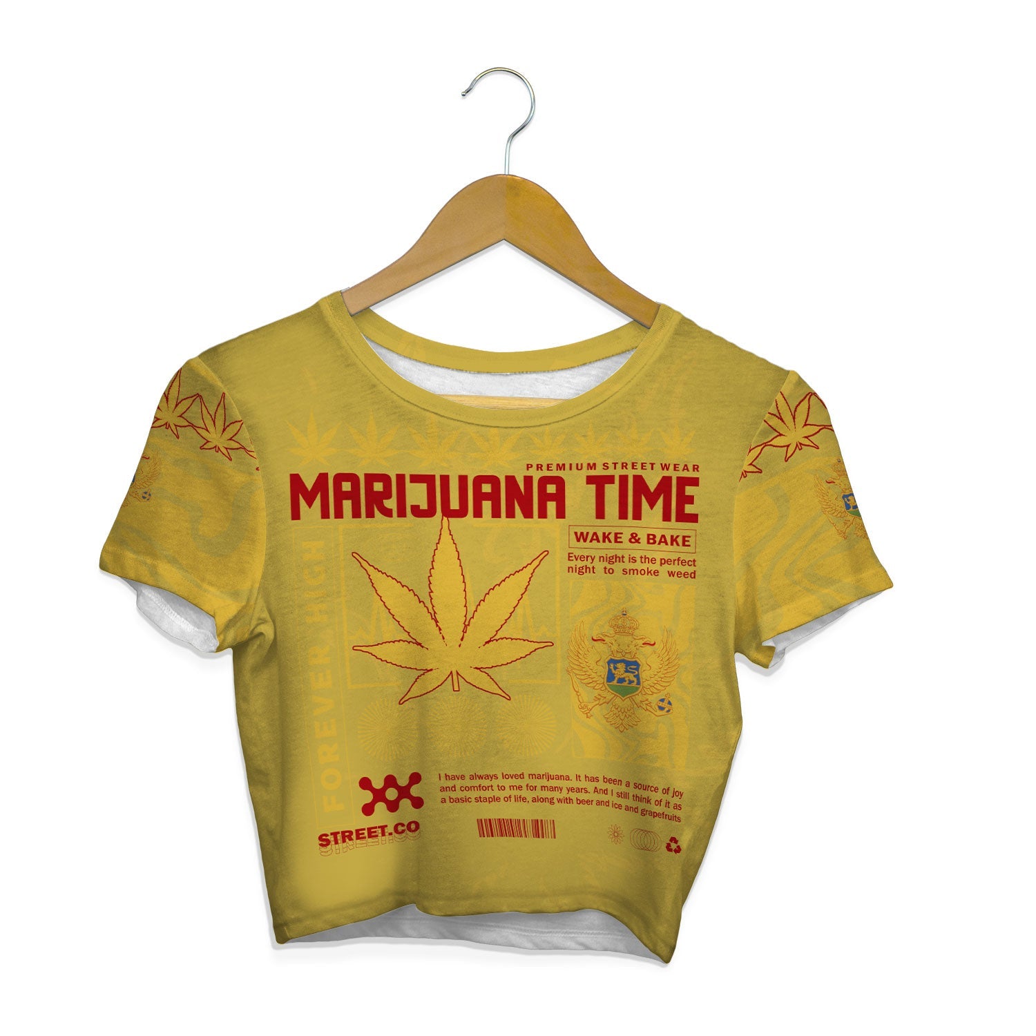 Montenegro Crop Top T Shirt Flag & Coat Of Arms Marijuanas Style