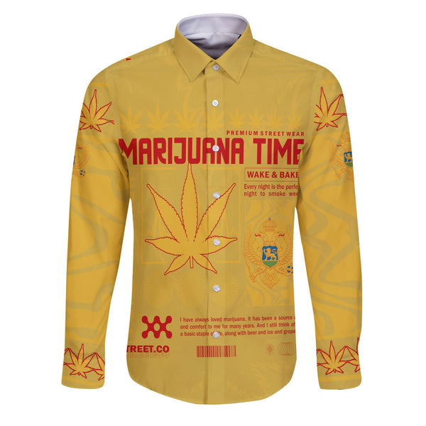 Montenegro Long Sleeve Button Shirt Flag & Coat Of Arms Marijuanas Style