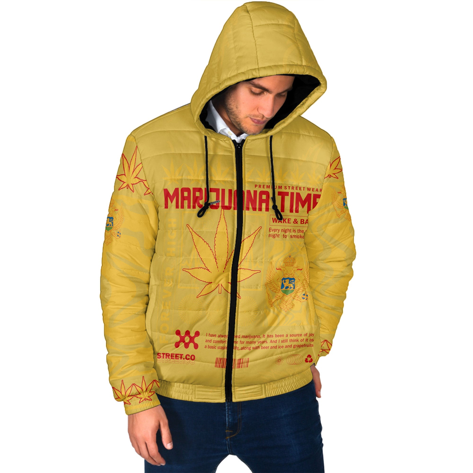 Montenegro Men Hooded Padded Jacket Flag & Coat Of Arms Marijuanas Style