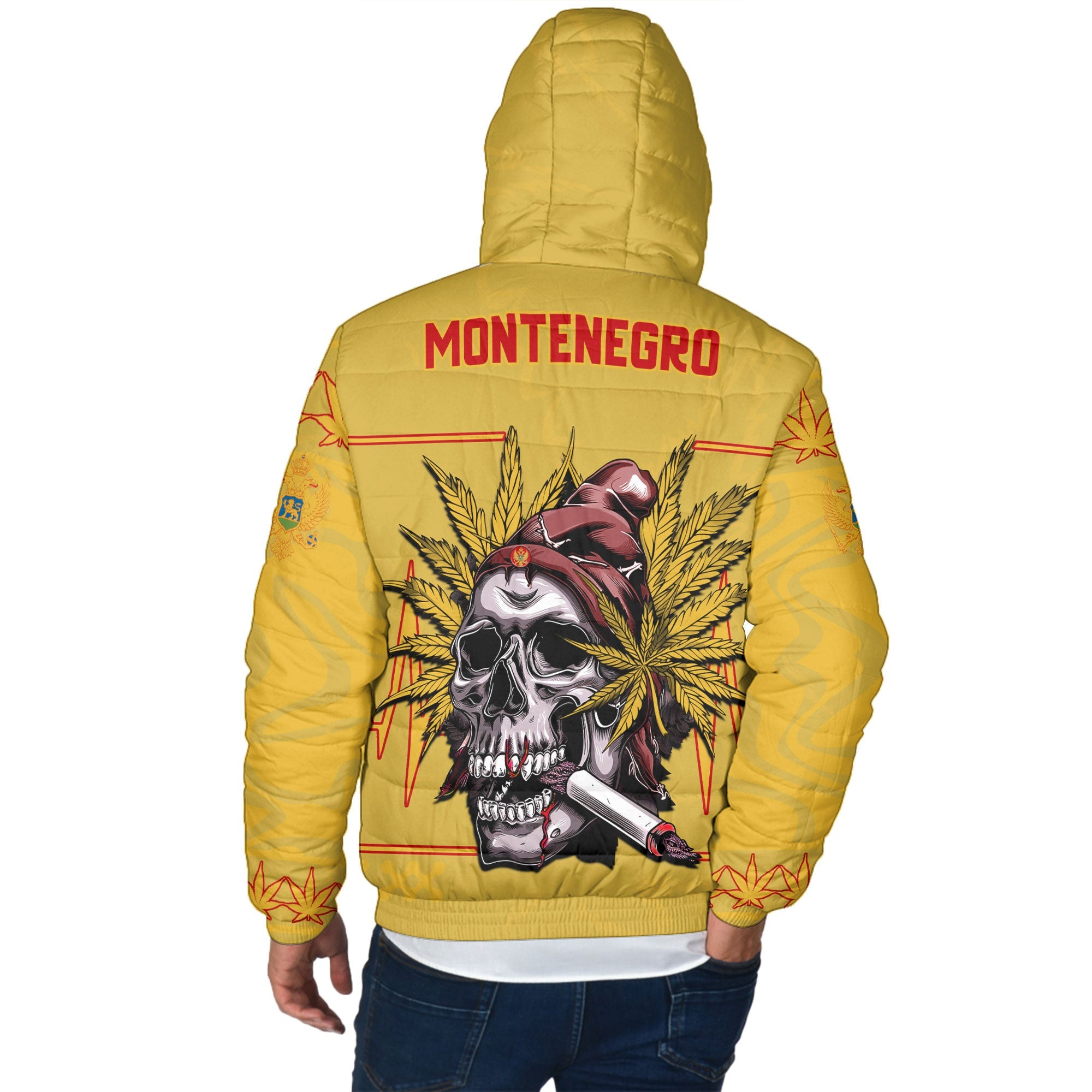 Montenegro Men Hooded Padded Jacket Flag & Coat Of Arms Marijuanas Style