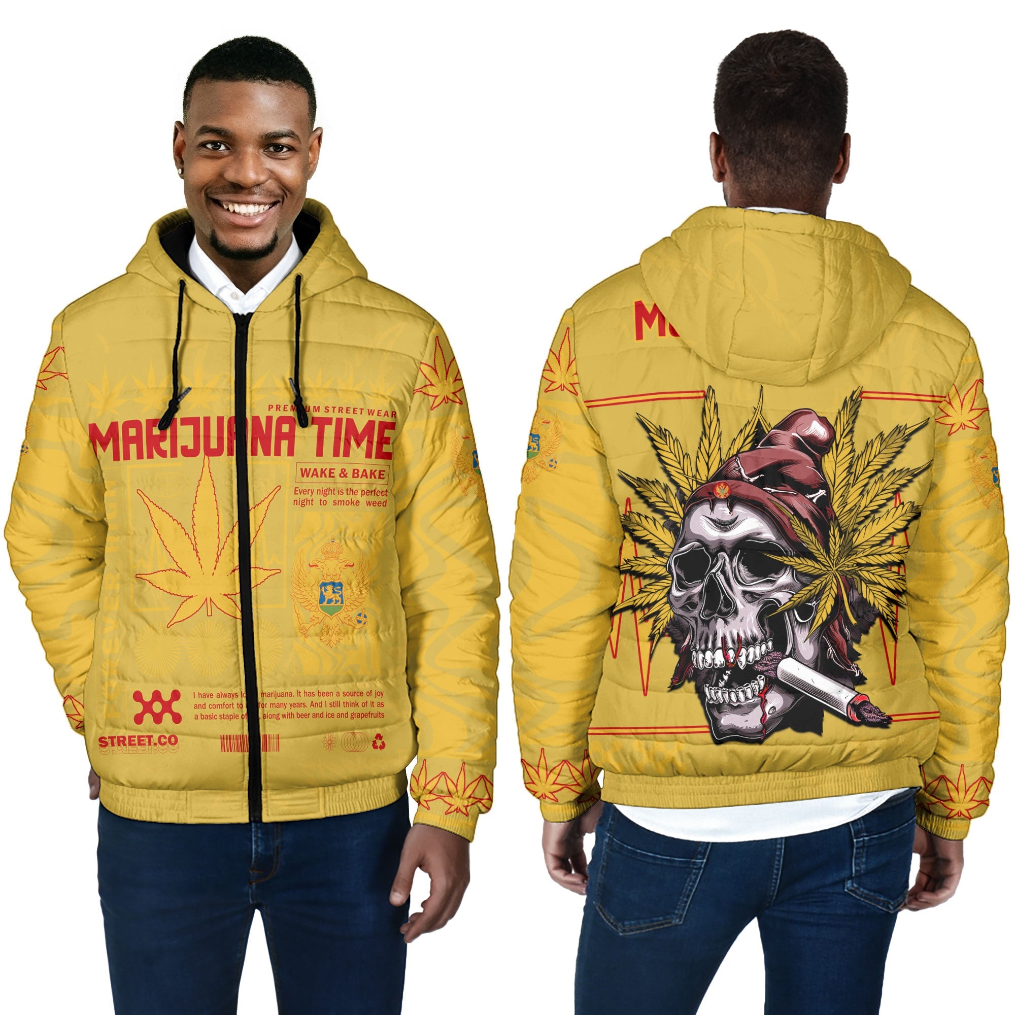 Montenegro Men Hooded Padded Jacket Flag & Coat Of Arms Marijuanas Style