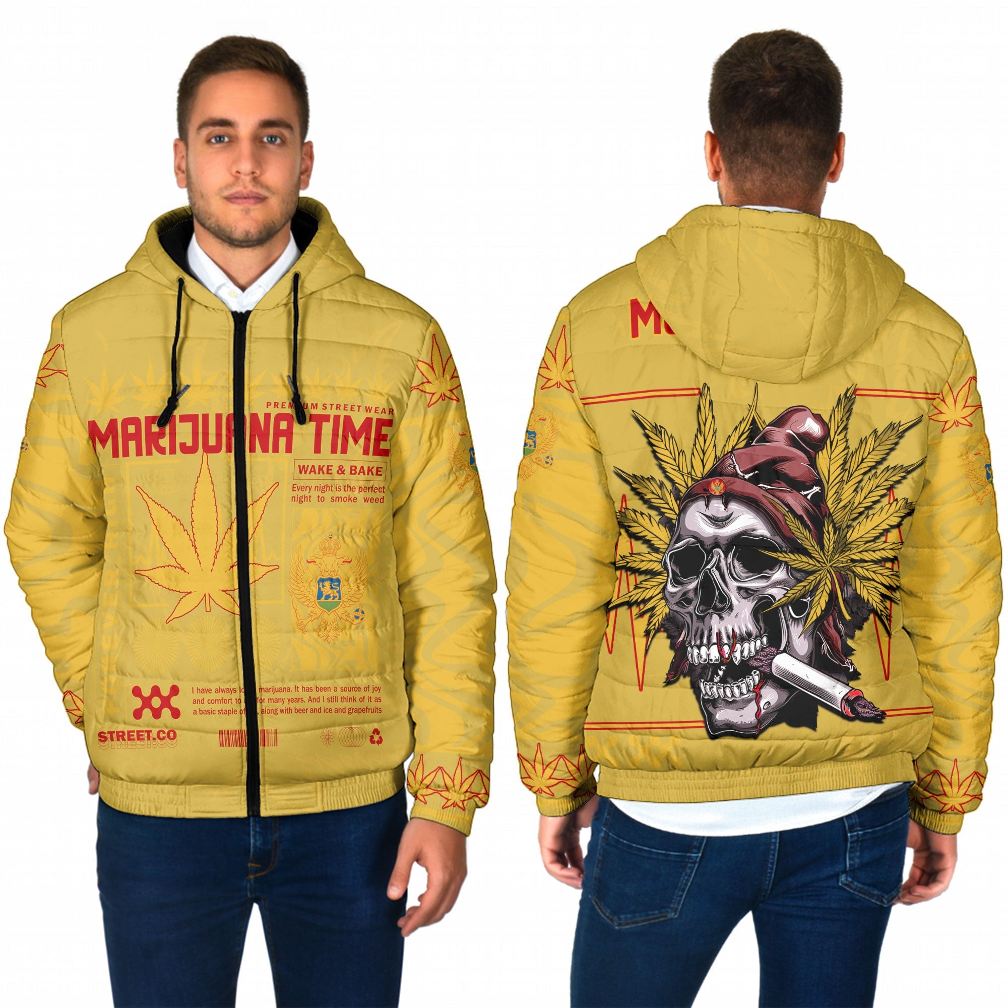 Montenegro Men Hooded Padded Jacket Flag & Coat Of Arms Marijuanas Style