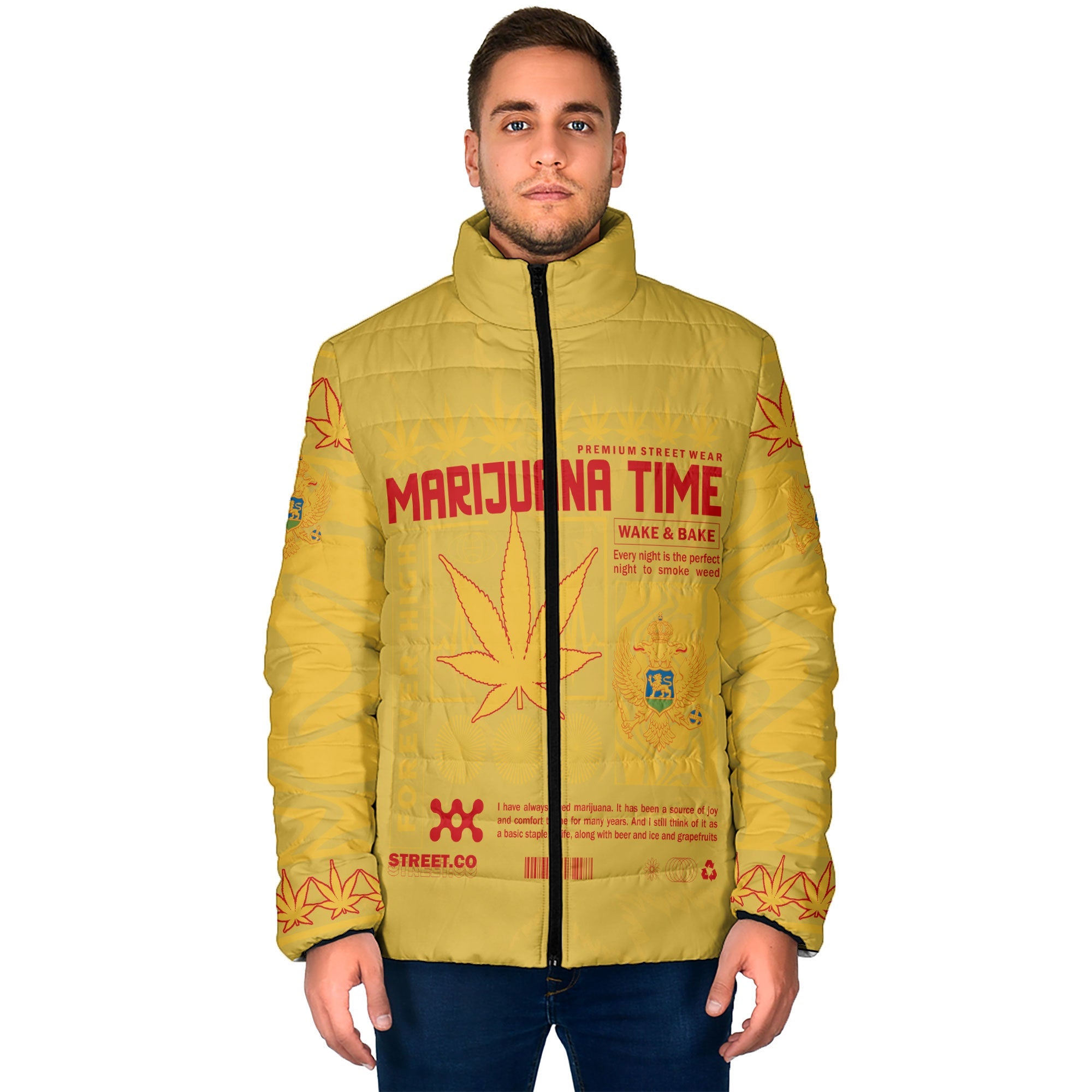 Montenegro Men Padded Jacket Flag & Coat Of Arms Marijuanas Style