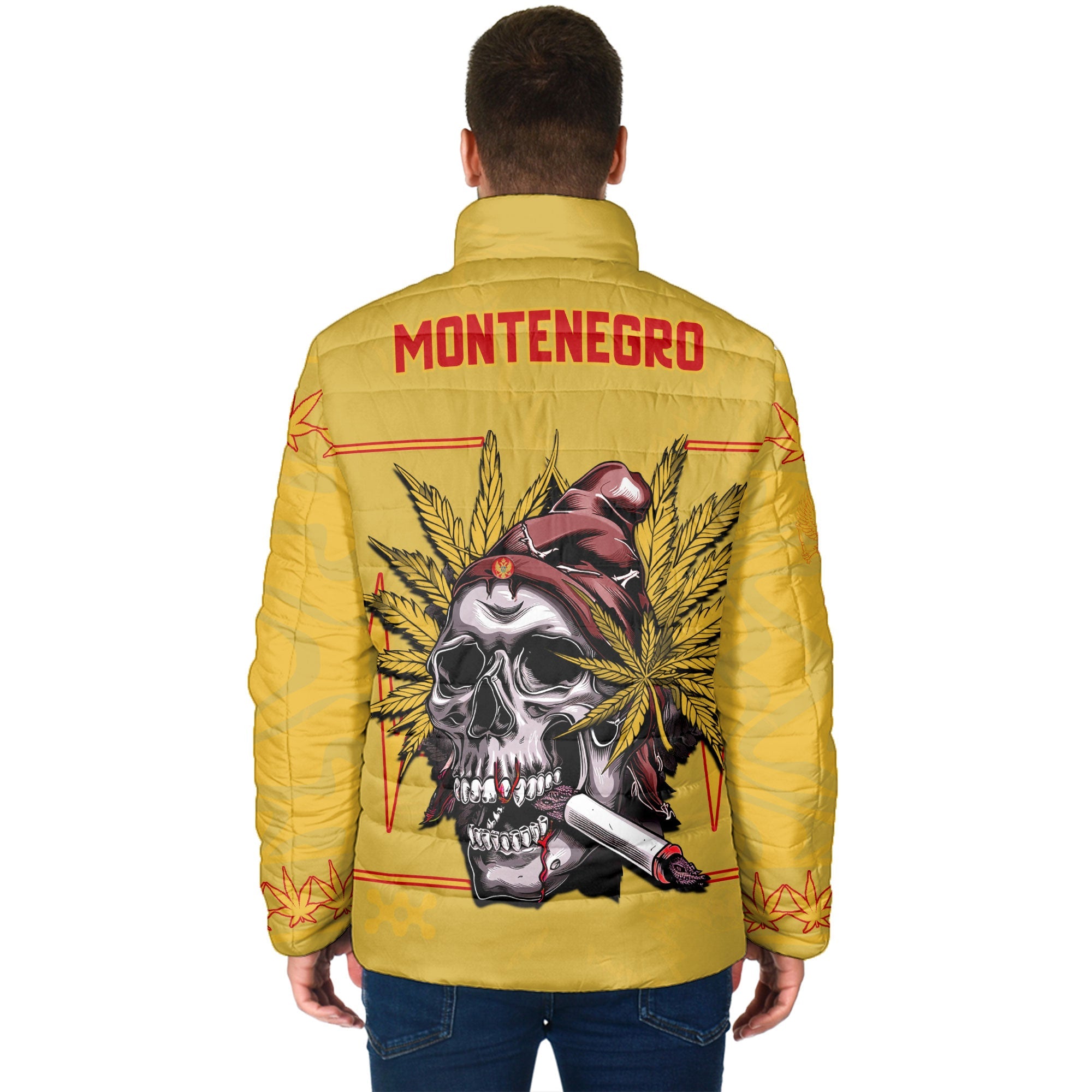 Montenegro Men Padded Jacket Flag & Coat Of Arms Marijuanas Style