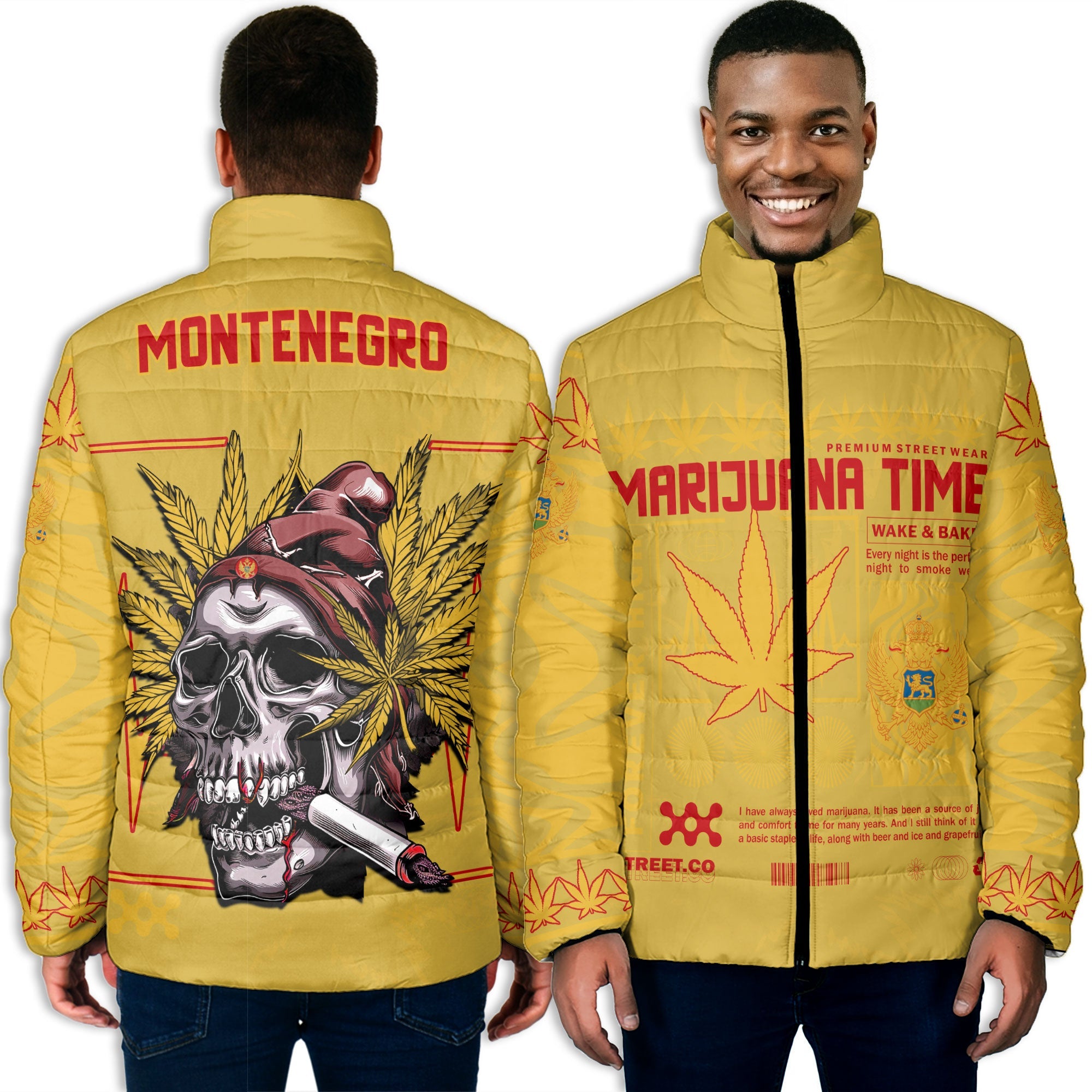 Montenegro Men Padded Jacket Flag & Coat Of Arms Marijuanas Style