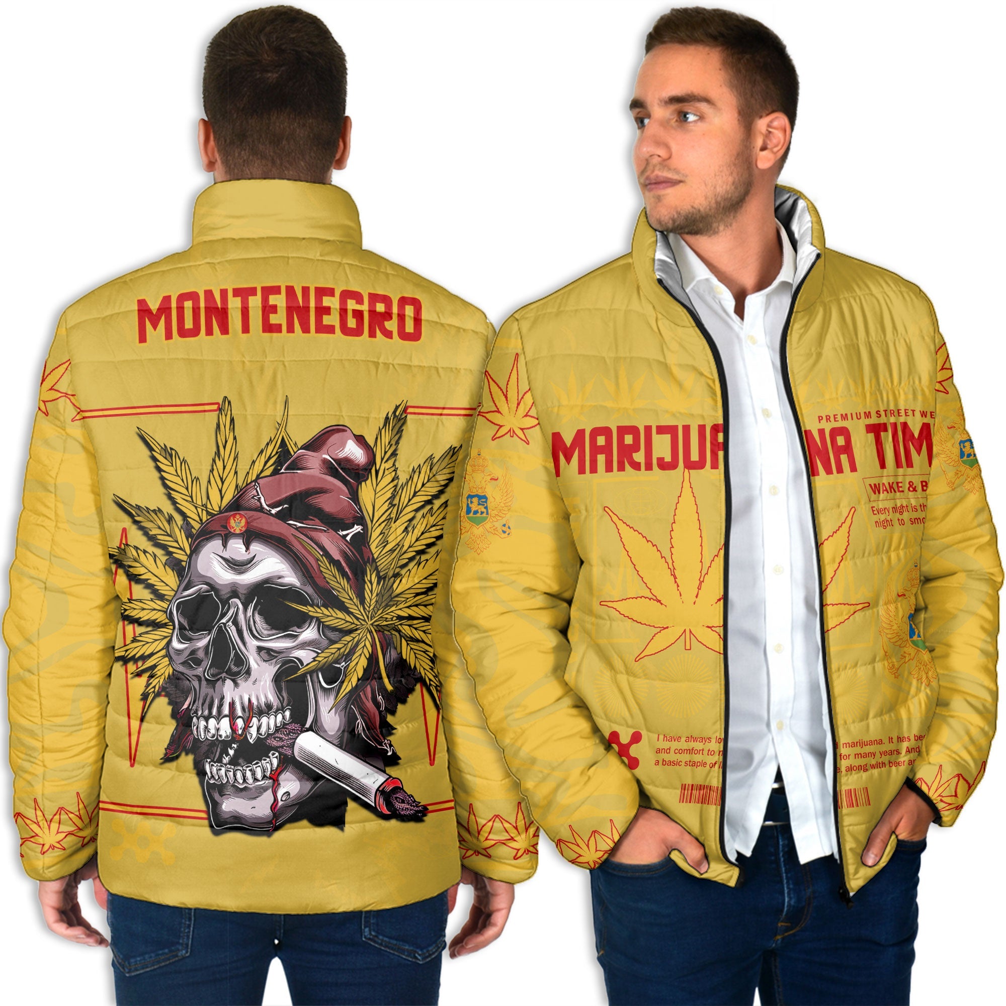 Montenegro Men Padded Jacket Flag & Coat Of Arms Marijuanas Style