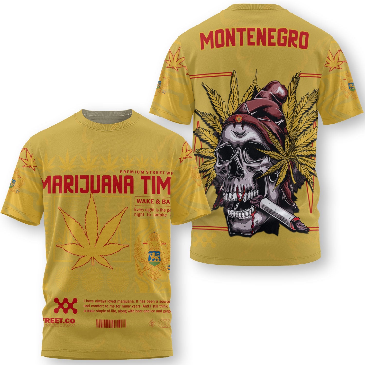 Montenegro T Shirt Flag & Coat Of Arms Marijuanas Style