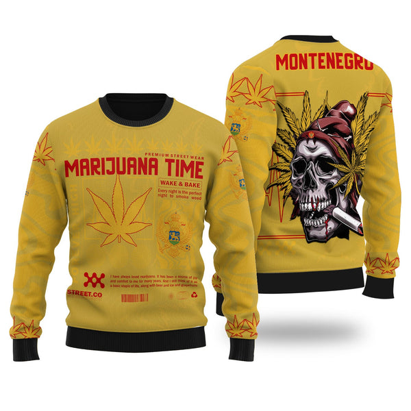 Montenegro Ugly Sweater Flag & Coat Of Arms Marijuanas Style