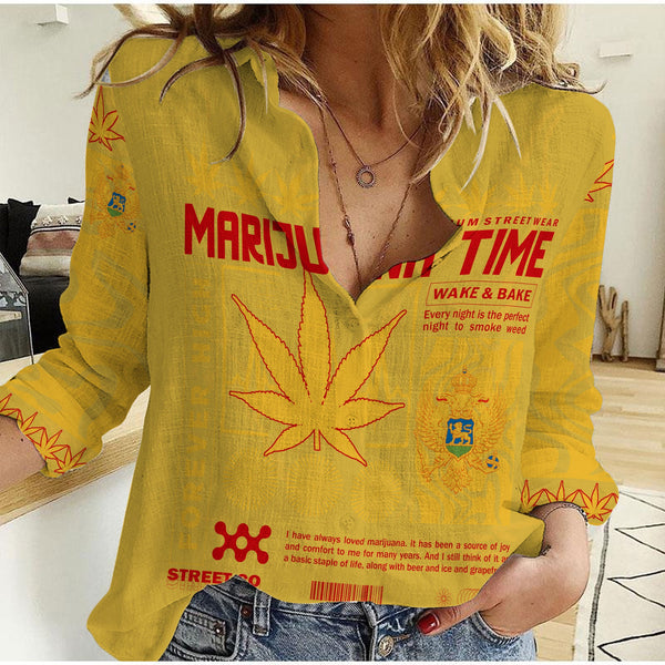 Montenegro Women Casual Shirt Flag & Coat Of Arms Marijuanas Style