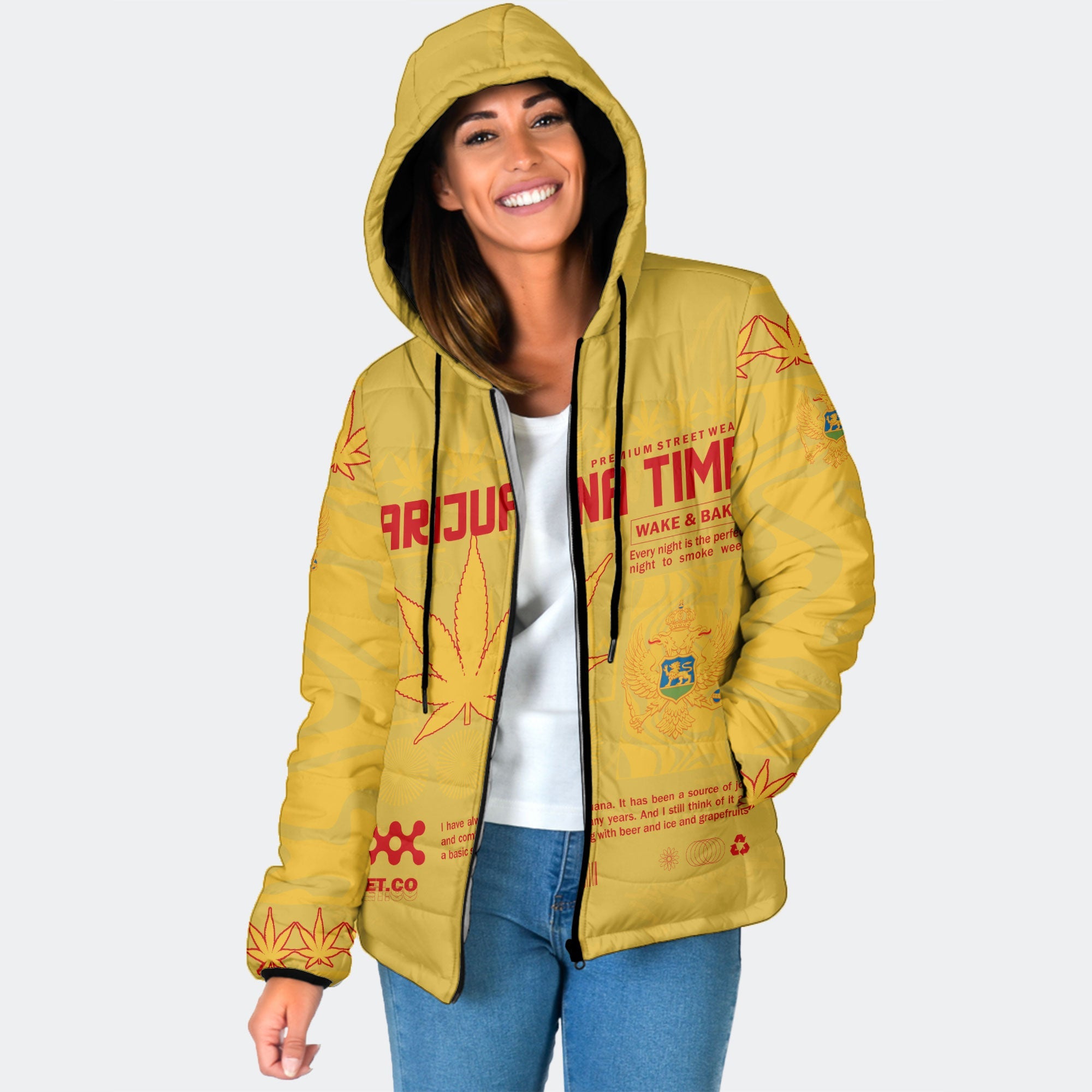 Montenegro Women Hooded Padded Jacket Flag & Coat Of Arms Marijuanas Style