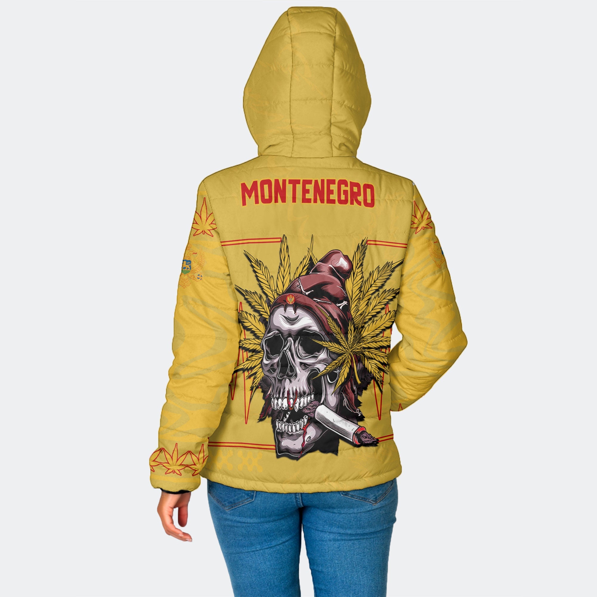 Montenegro Women Hooded Padded Jacket Flag & Coat Of Arms Marijuanas Style