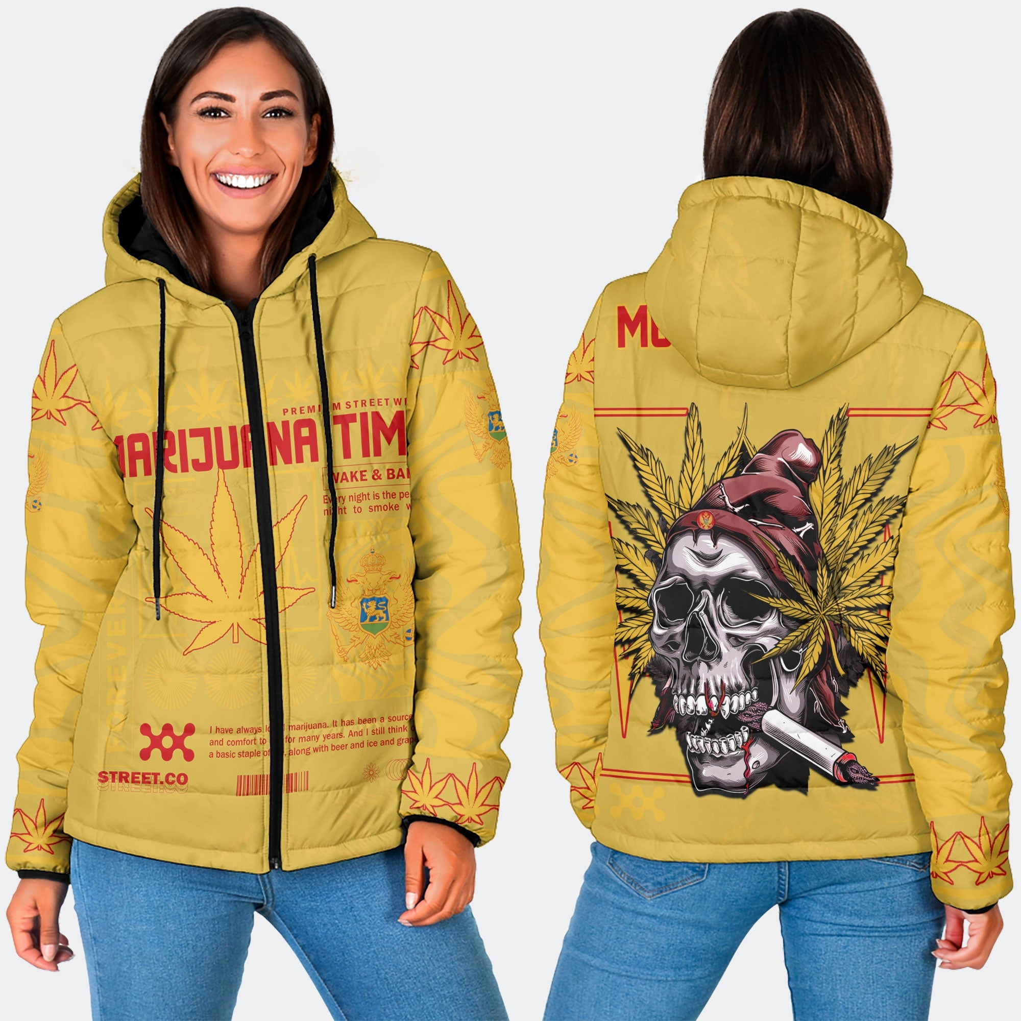 Montenegro Women Hooded Padded Jacket Flag & Coat Of Arms Marijuanas Style