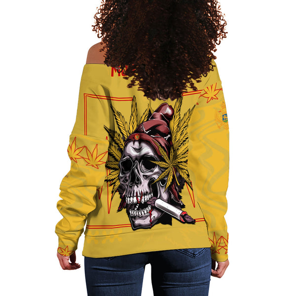 Montenegro Women Off Shoulder Sweatshirt Flag & Coat Of Arms Marijuanas Style