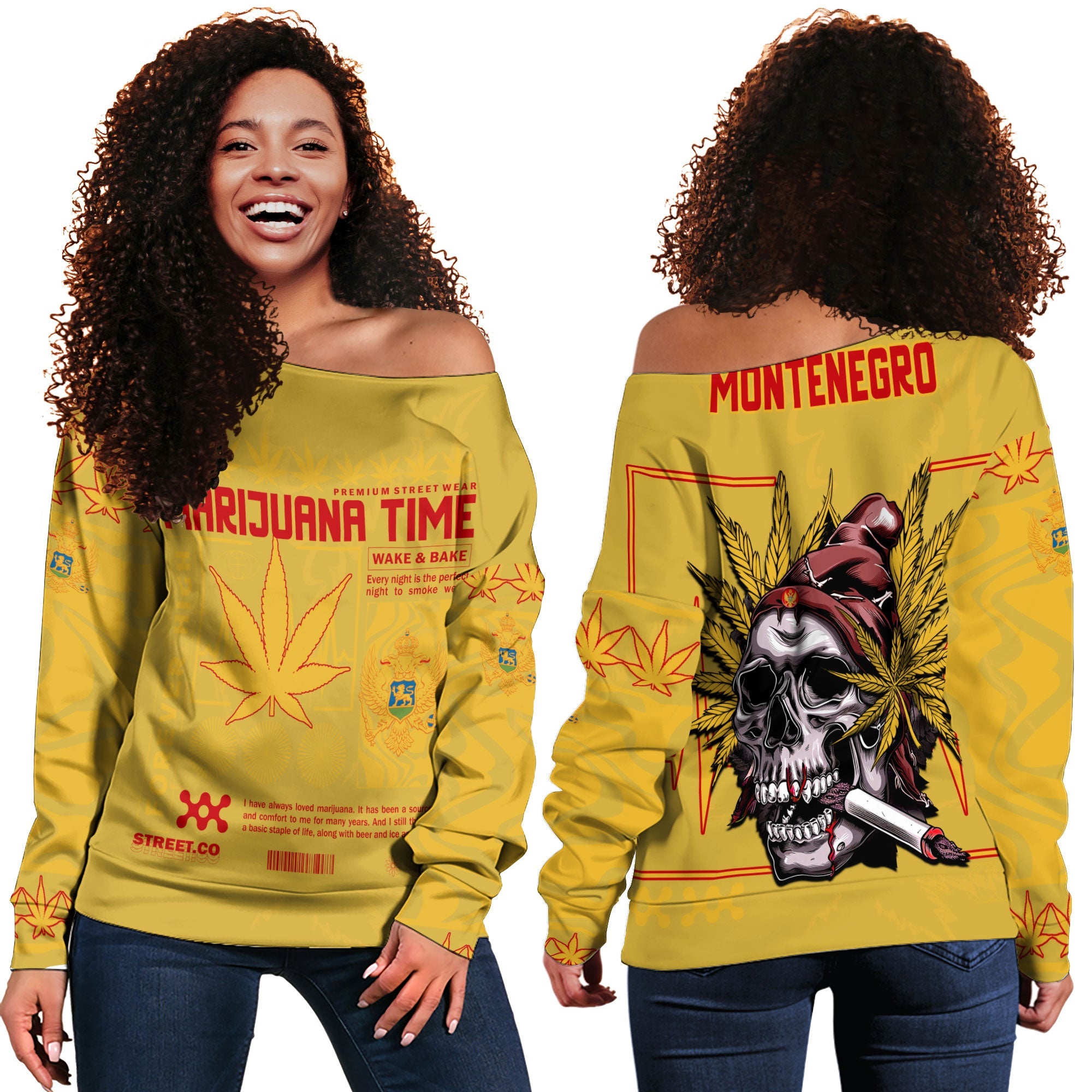 Montenegro Women Off Shoulder Sweatshirt Flag & Coat Of Arms Marijuanas Style