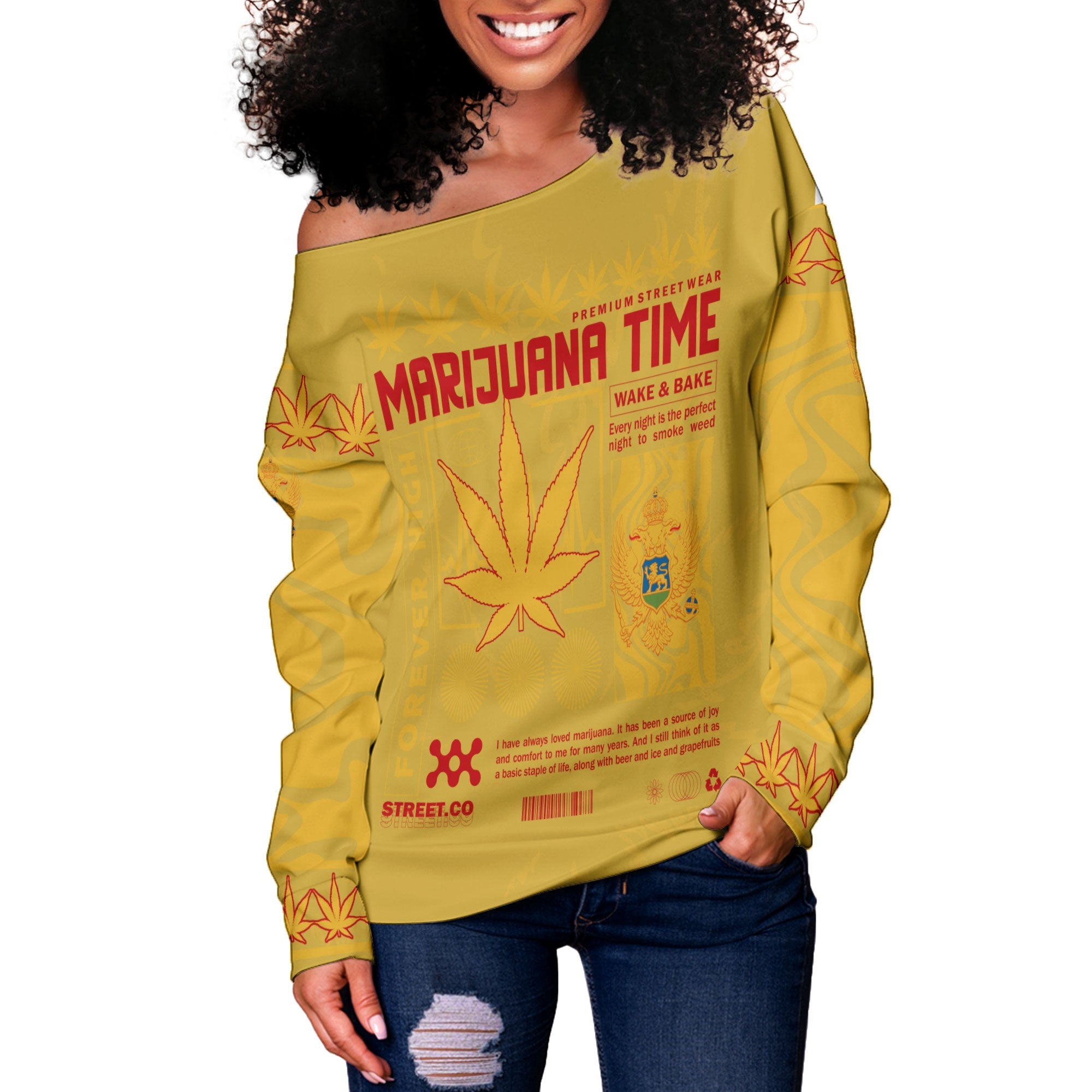 Montenegro Women Off Shoulder Sweatshirt Flag & Coat Of Arms Marijuanas Style