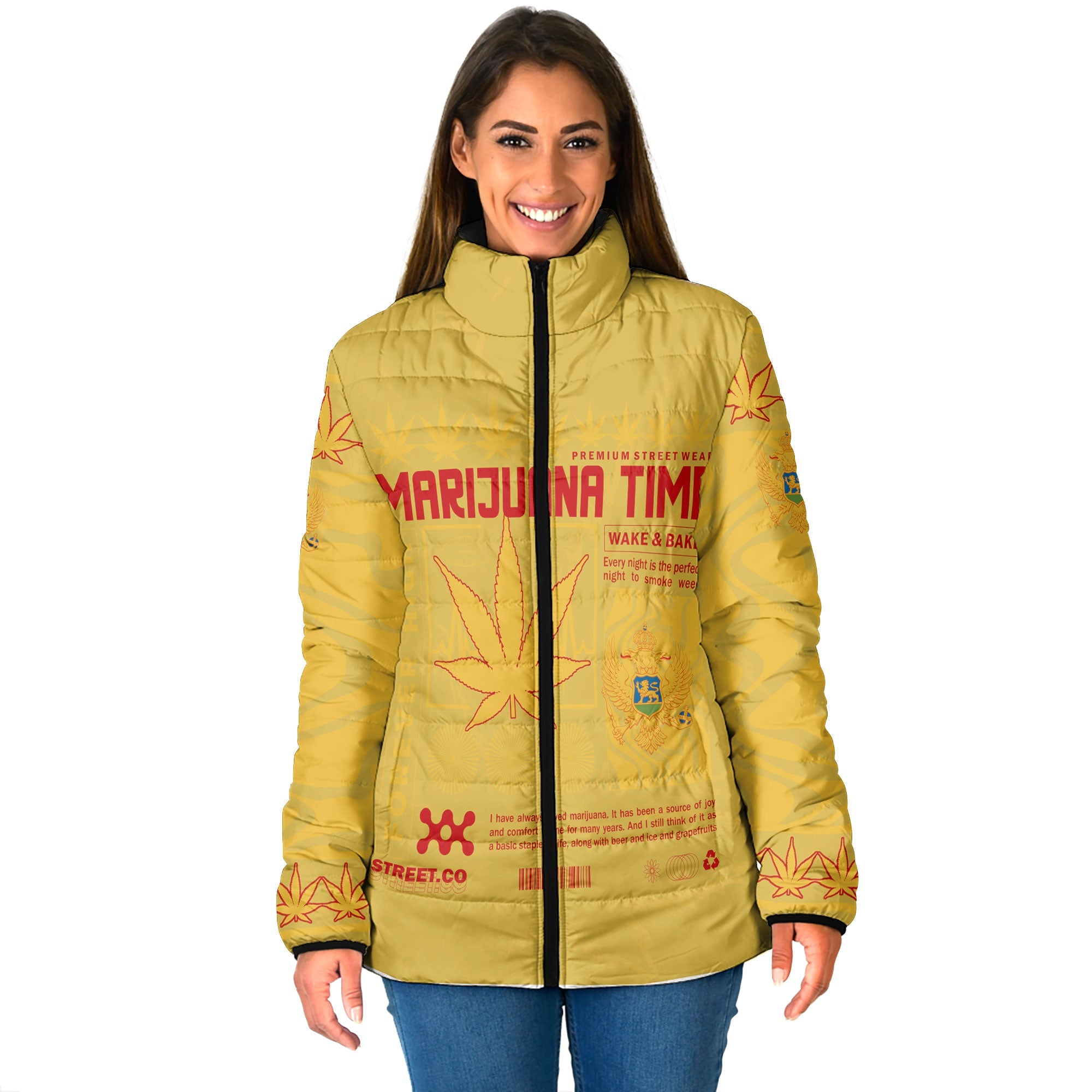 Montenegro Women Padded Jacket Flag & Coat Of Arms Marijuanas Style