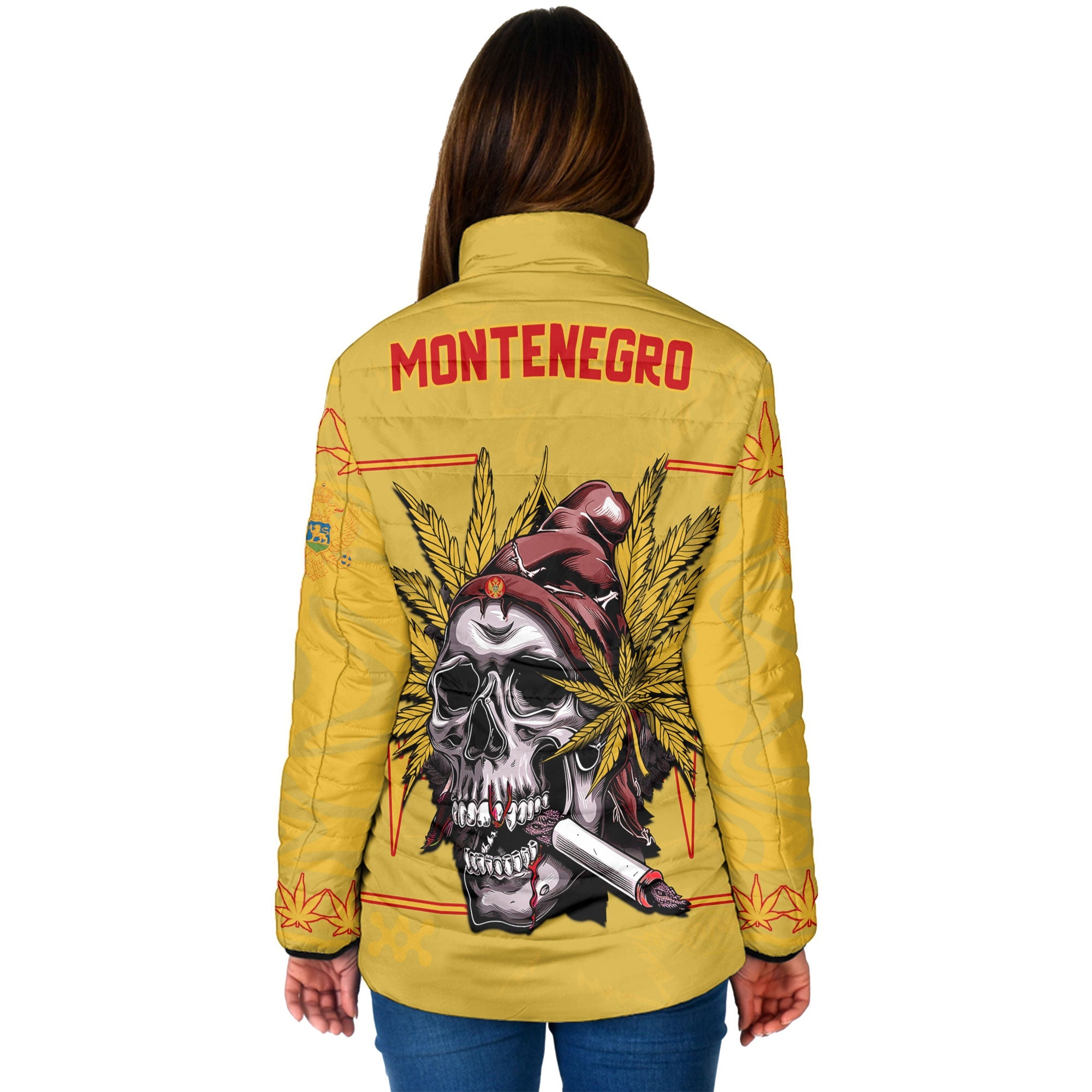 Montenegro Women Padded Jacket Flag & Coat Of Arms Marijuanas Style