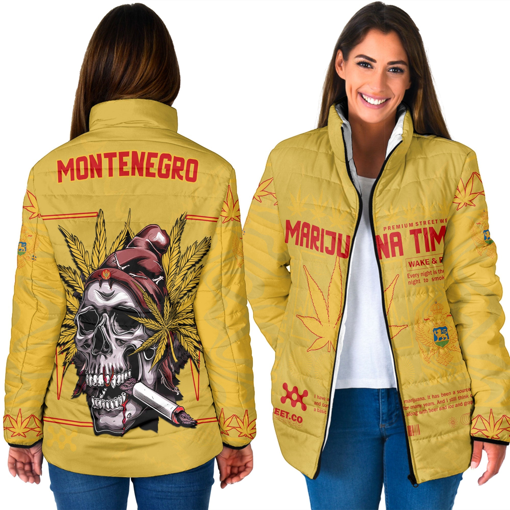 Montenegro Women Padded Jacket Flag & Coat Of Arms Marijuanas Style