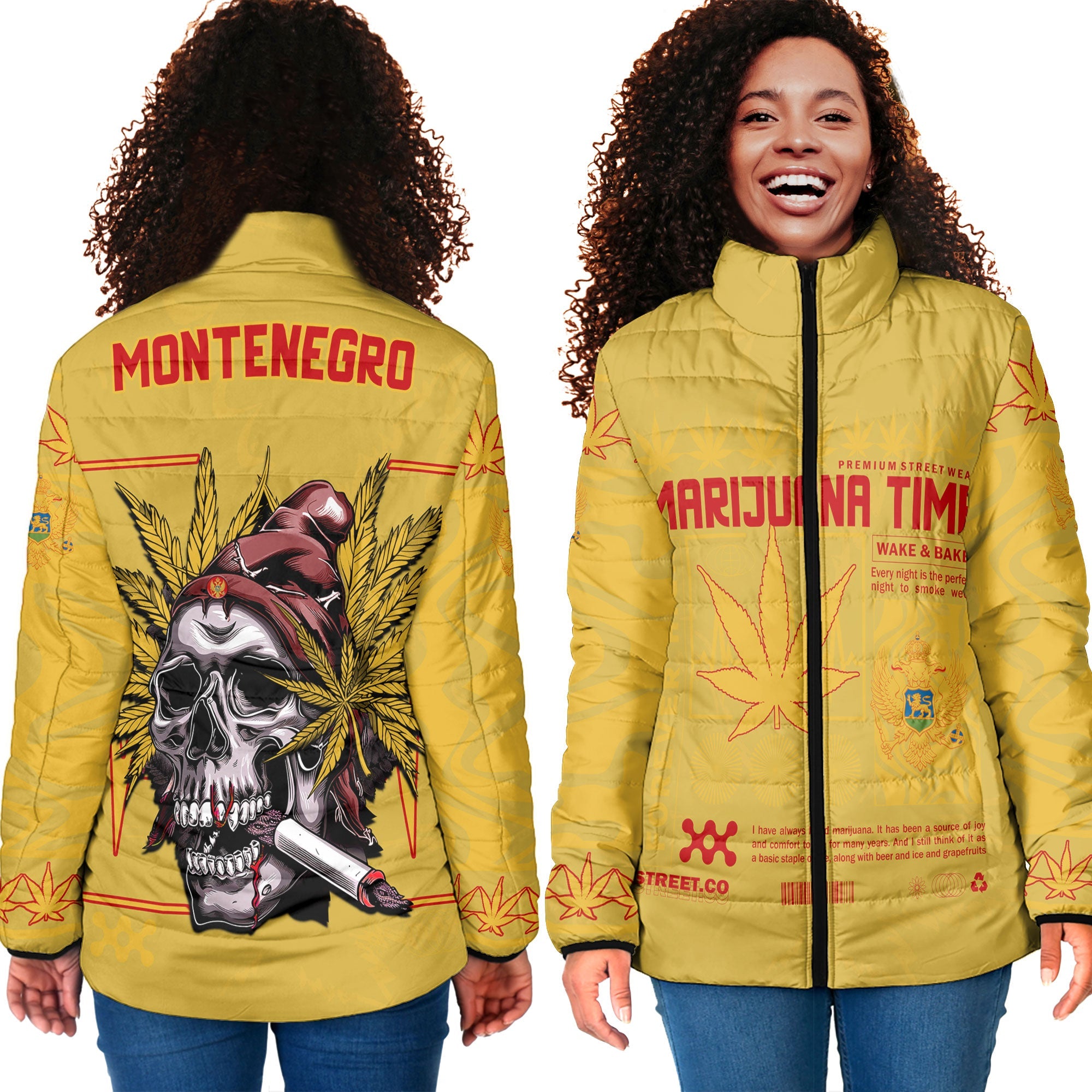 Montenegro Women Padded Jacket Flag & Coat Of Arms Marijuanas Style