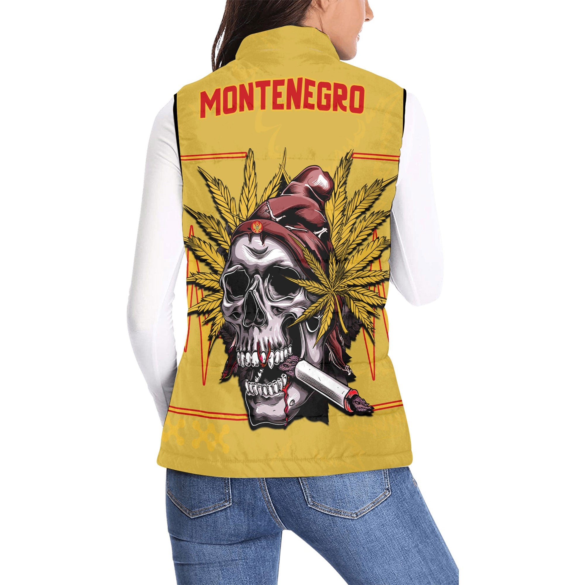 Montenegro Women Padded Jacket Vest Flag & Coat Of Arms Marijuanas Style