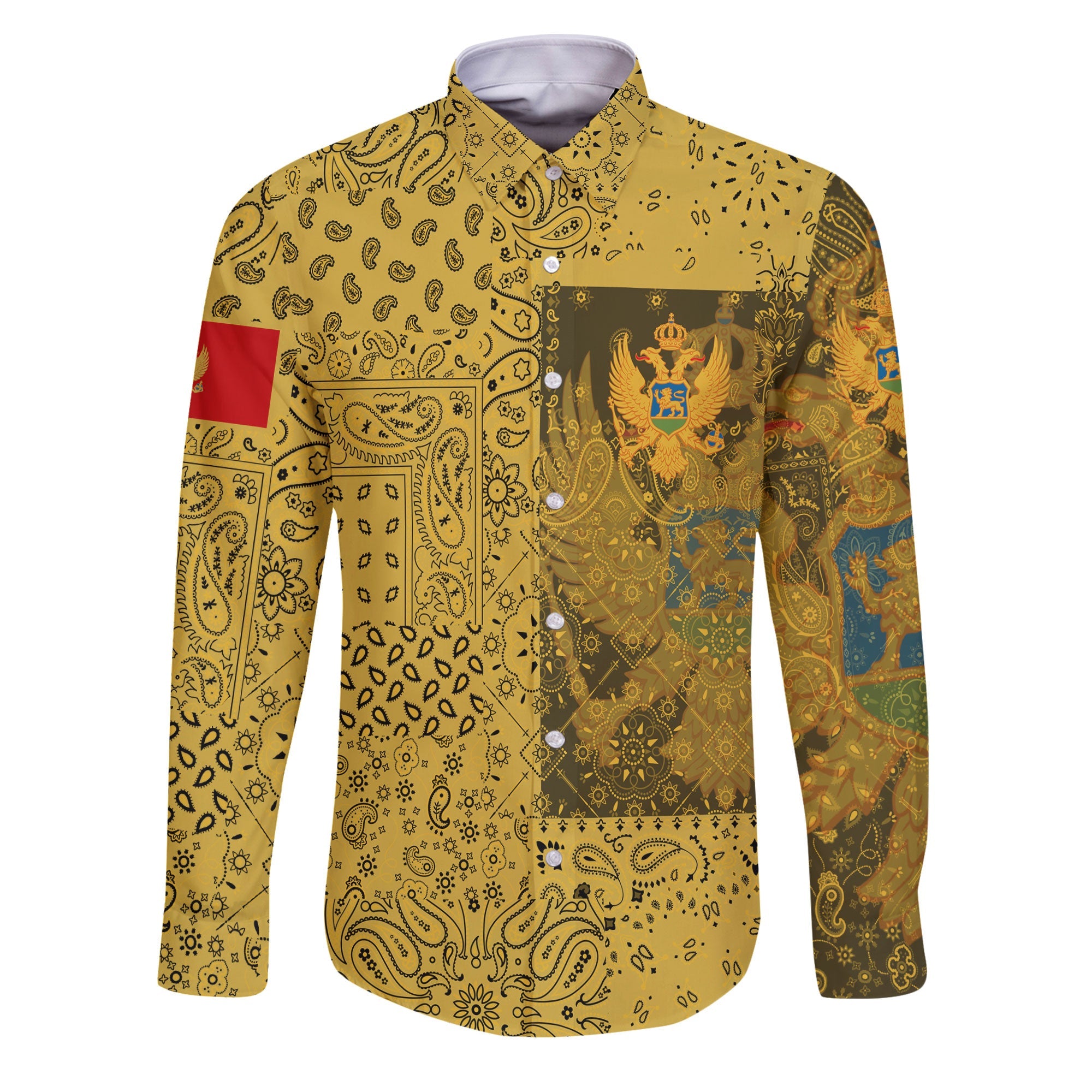 Montenegro Long Sleeve Button Shirt Paisley Flag And Skull Style 1